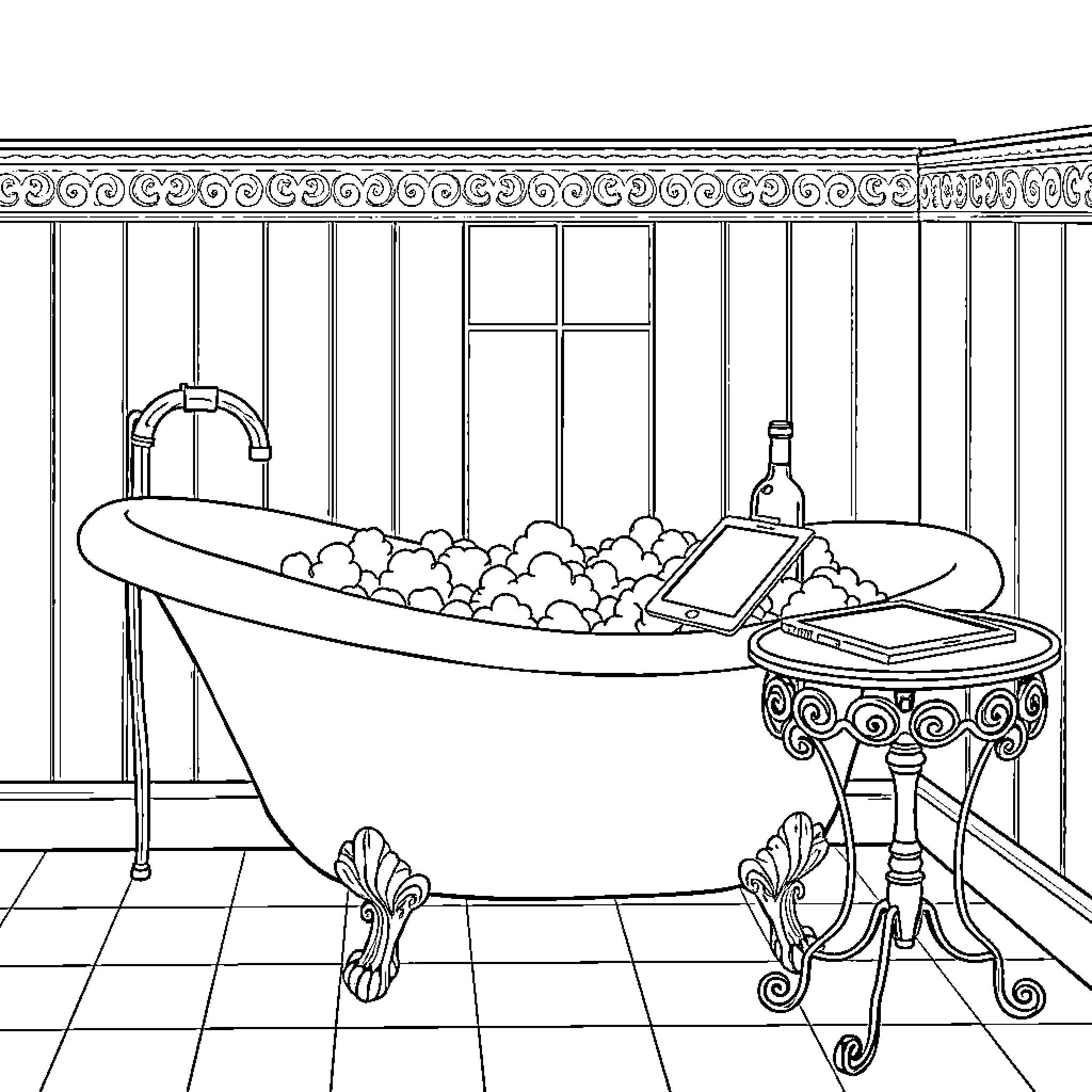 Bathtub with Bubbles and Accessories Coloring Page (free black-and-white line drawing printable PDF for all, from beginners to advanced learners, including children, teens, adults, and seniors)