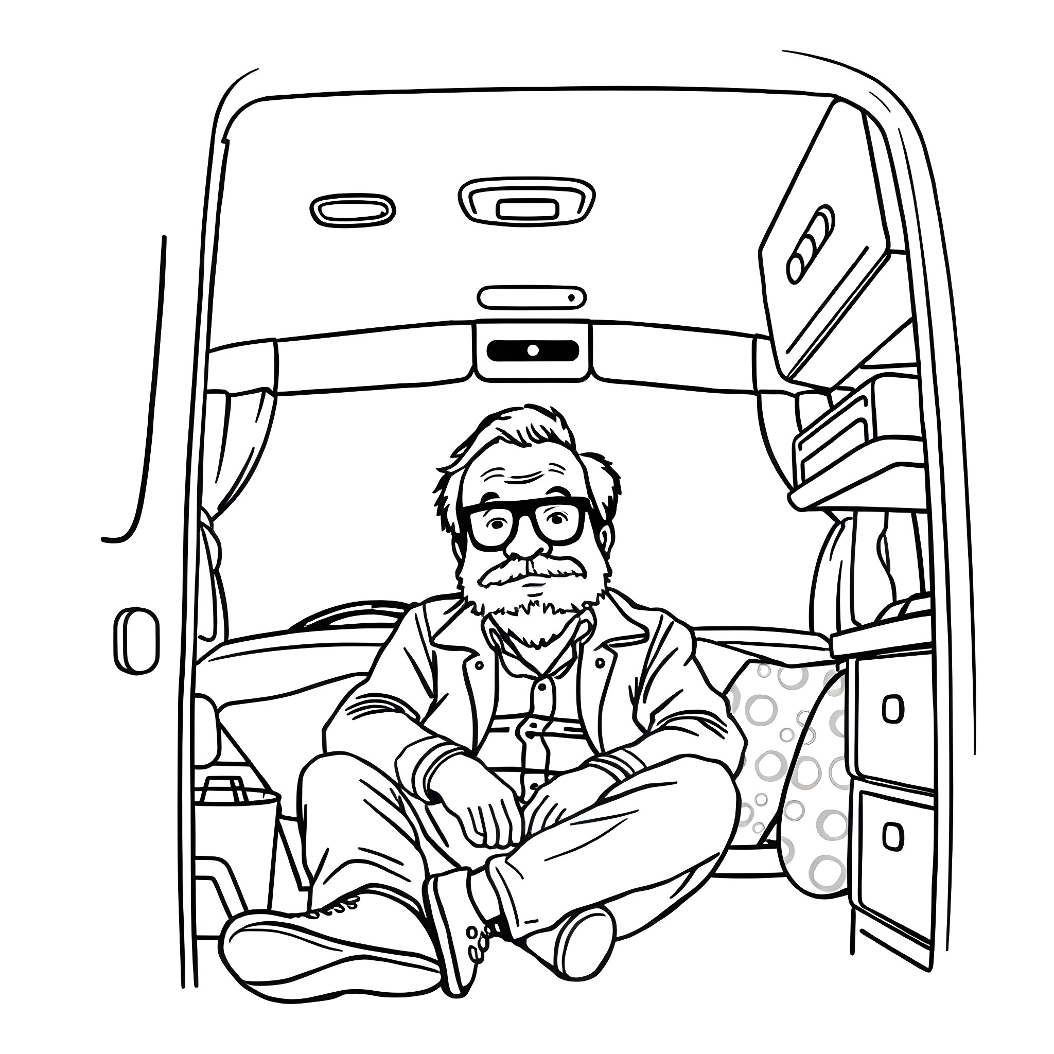 Danny DeVito enjoying a cozy ride in the back of a van Coloring Page (free black-and-white line drawing printable PDF for all, from beginners to advanced learners, including children, teens, adults, and seniors)