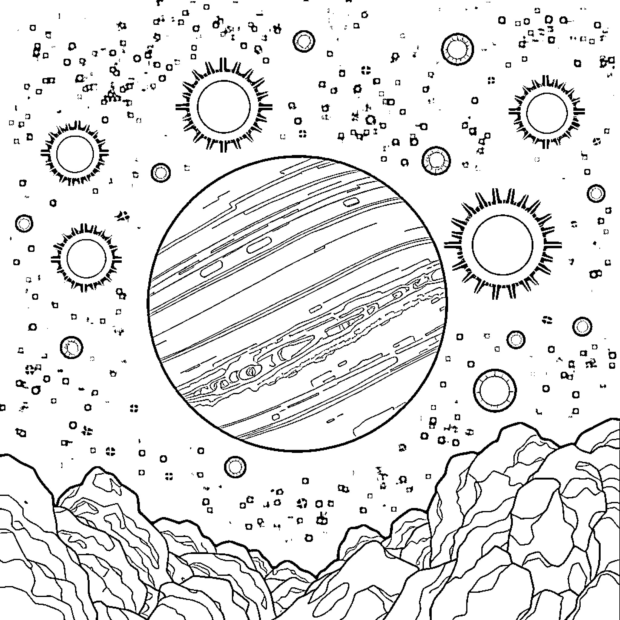Ganymede's Cosmic Adventure Coloring Page (free black-and-white line drawing printable PDF for all, from beginners to advanced learners, including children, teens, adults, and seniors)