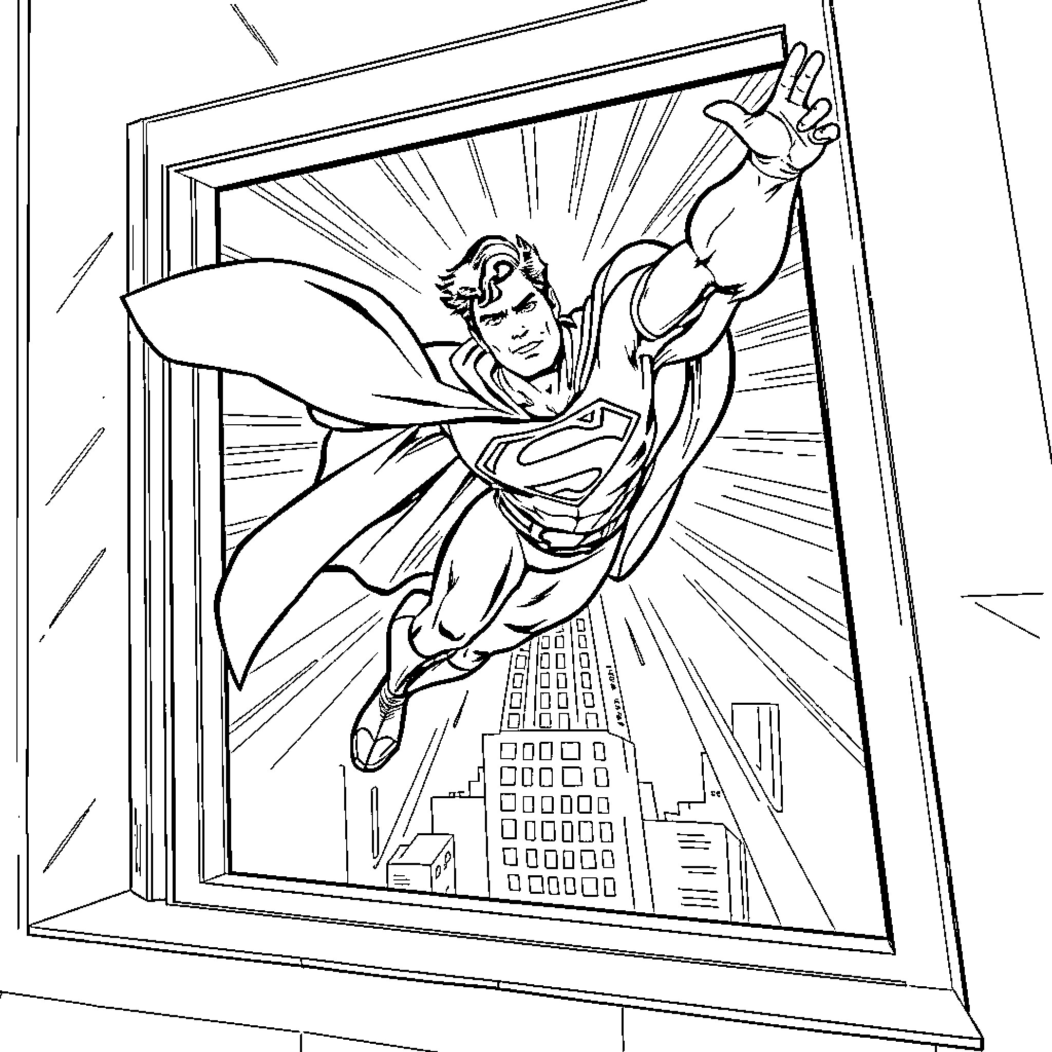 Superman bursting through a window in action Coloring Page (free black-and-white line drawing printable PDF for all, from beginners to advanced learners, including children, teens, adults, and seniors)