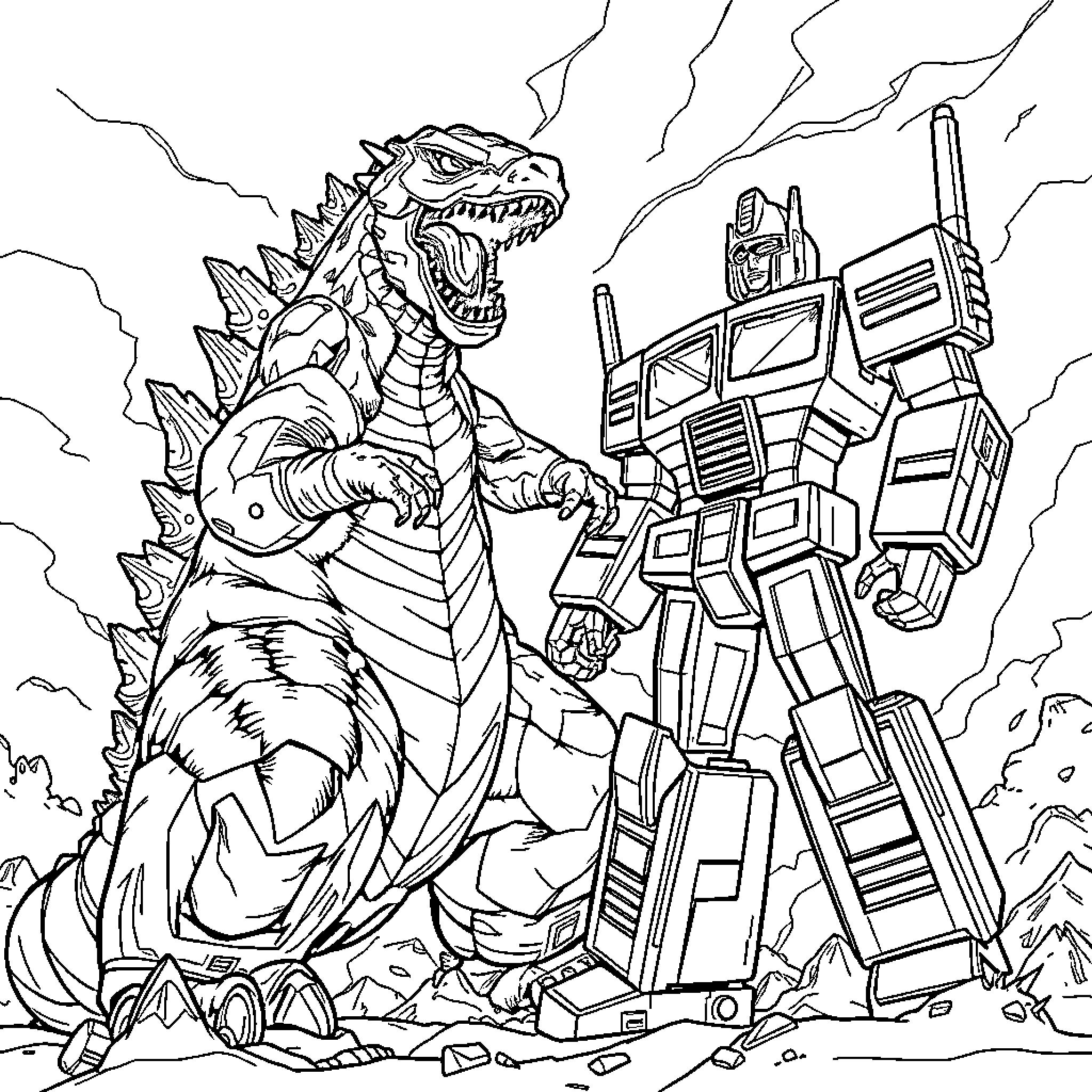 Godzilla rampages against a giant robot warrior Coloring Page (free black-and-white line drawing printable PDF for all, from beginners to advanced learners, including children, teens, adults, and seniors)