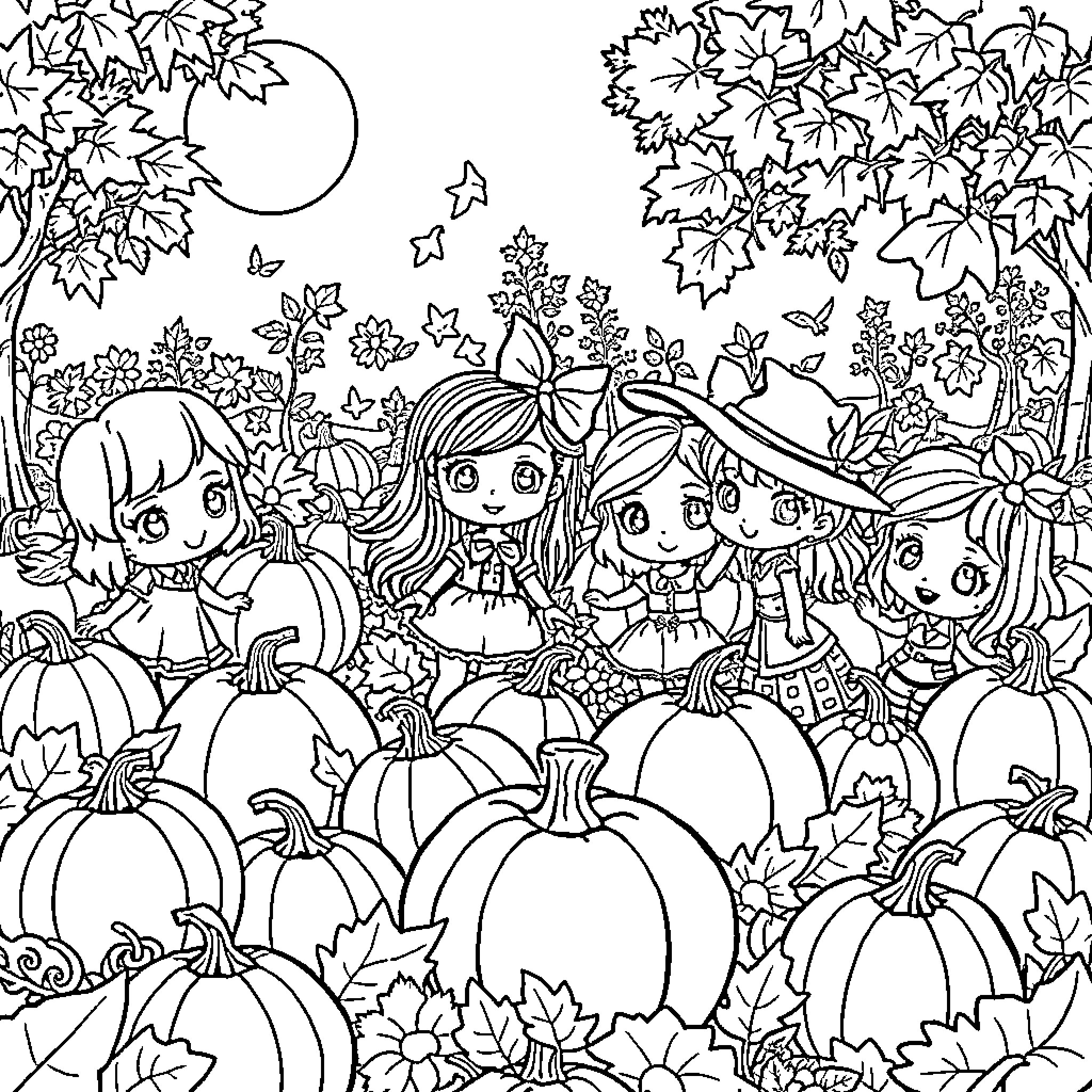 Gabby's Dollhouse characters in an autumn forest scene Coloring Page (free black-and-white line drawing printable PDF for all, from beginners to advanced learners, including children, teens, adults, and seniors)