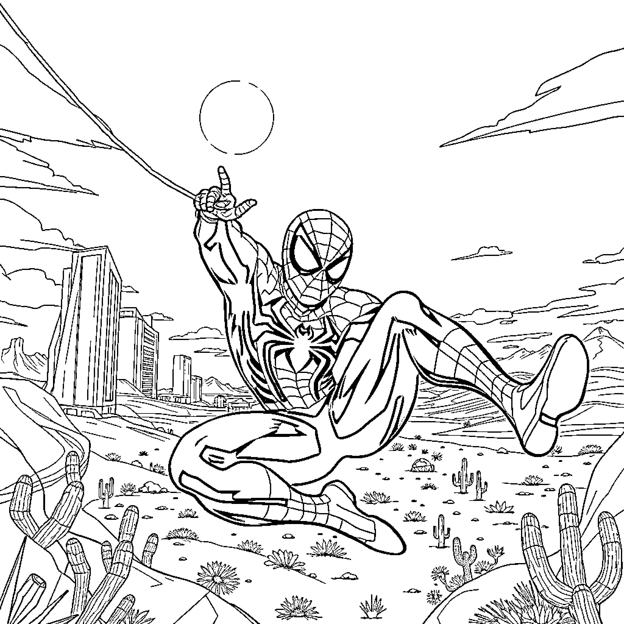 Spiderman exploring the desert landscape Coloring Page (free black-and-white line drawing printable PDF for all, from beginners to advanced learners, including children, teens, adults, and seniors)
