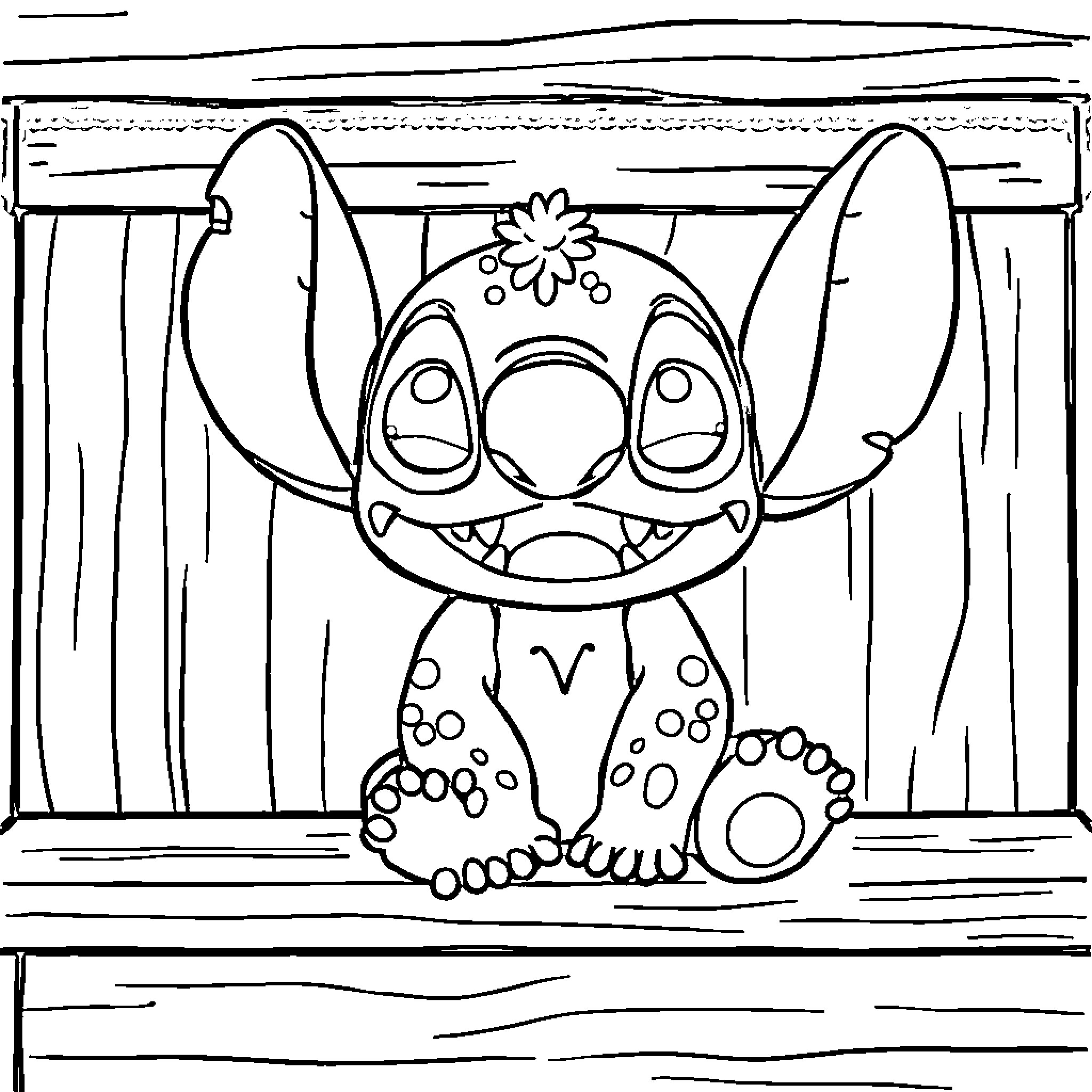 Stitch smiling with a flower on his head Coloring Page (free black-and-white line drawing printable PDF for all, from beginners to advanced learners, including children, teens, adults, and seniors)