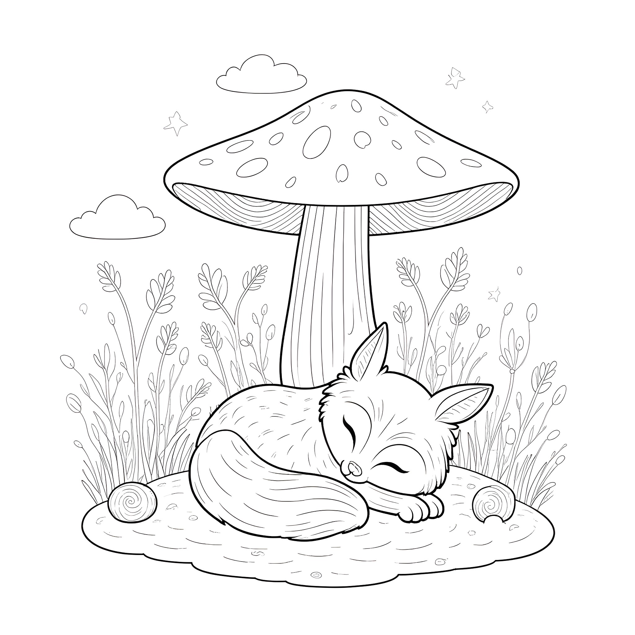 Fox sleeping peacefully under mushroom cap Coloring Page (free black-and-white line drawing printable PDF for all, from beginners to advanced learners, including children, teens, adults, and seniors)
