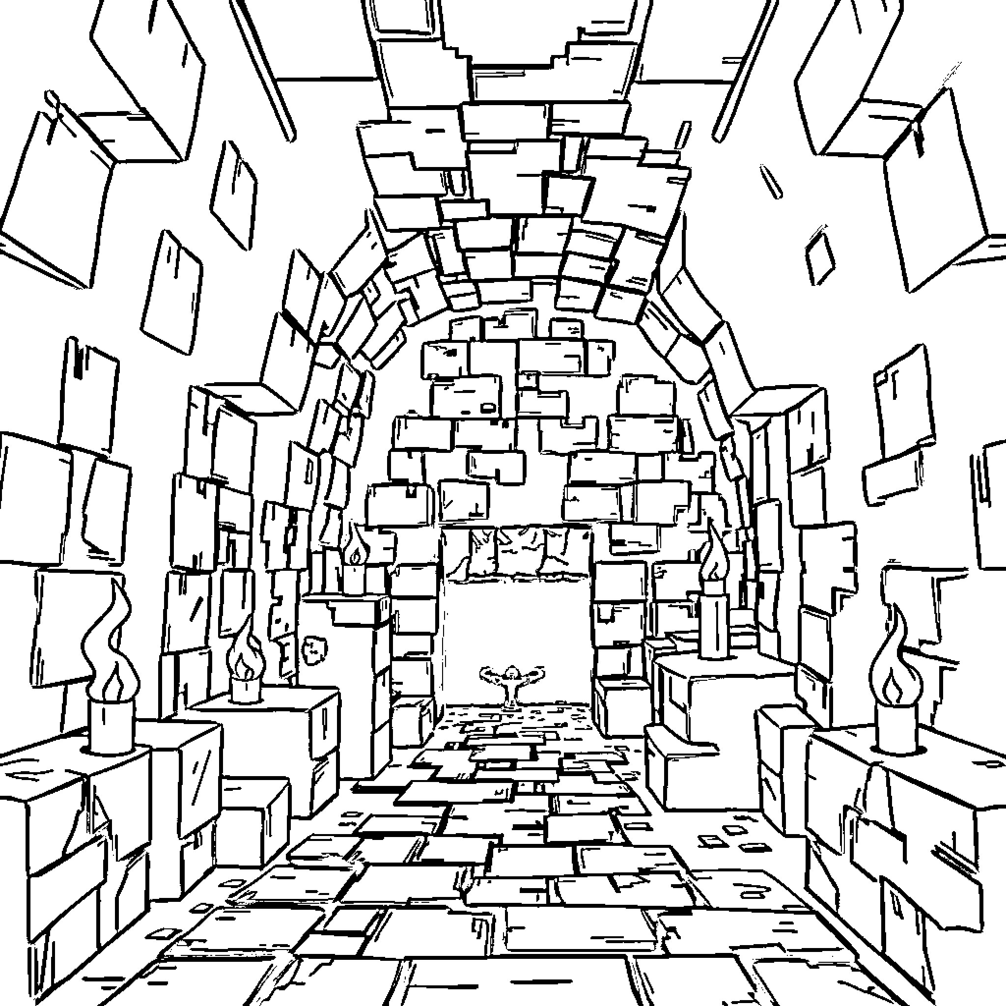 Minecraft abstract tunnel of geometric shapes Coloring Page (free black-and-white line drawing printable PDF for all, from beginners to advanced learners, including children, teens, adults, and seniors)