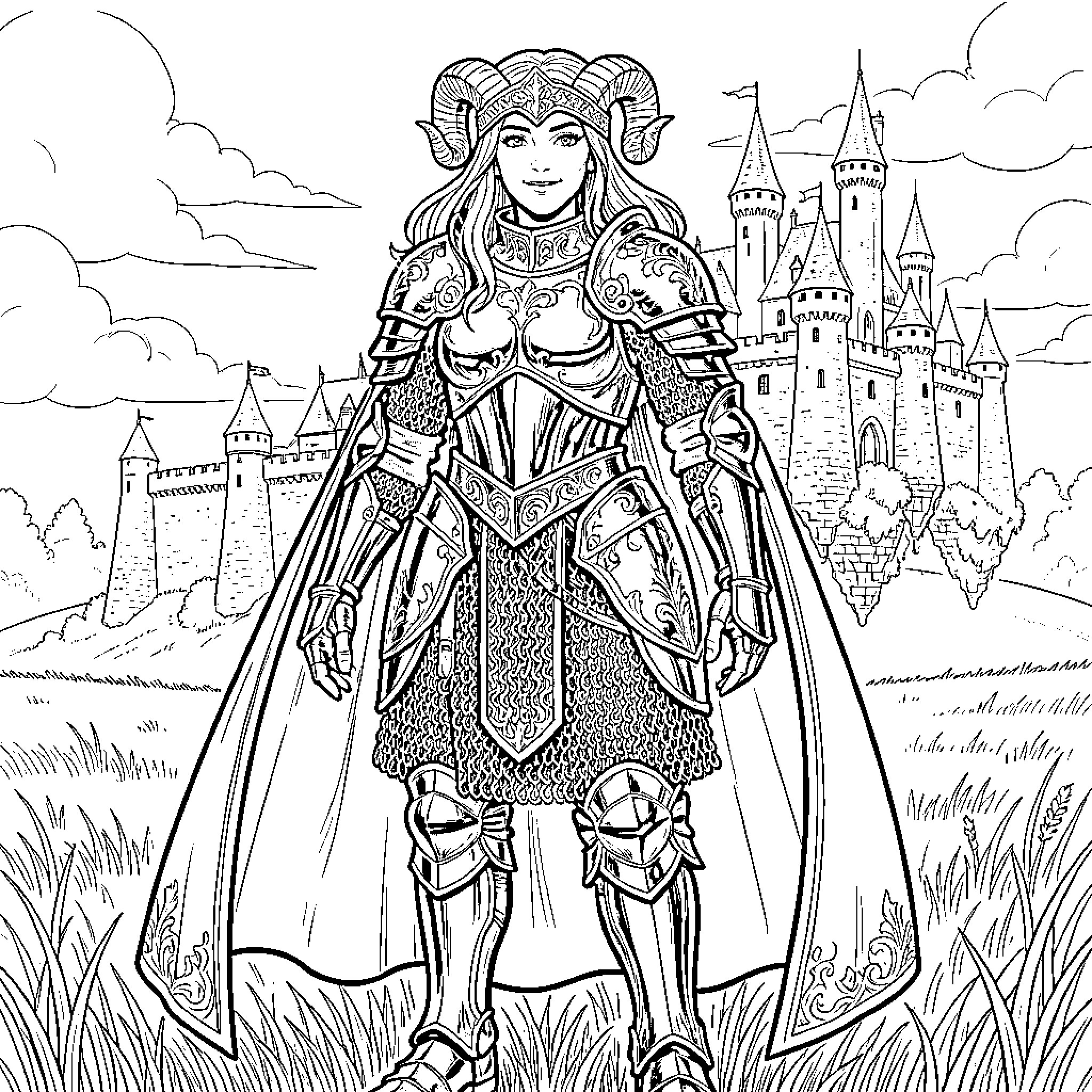 Warrior in ornate armor standing before a castle Coloring Page (free black-and-white line drawing printable PDF for all, from beginners to advanced learners, including children, teens, adults, and seniors)