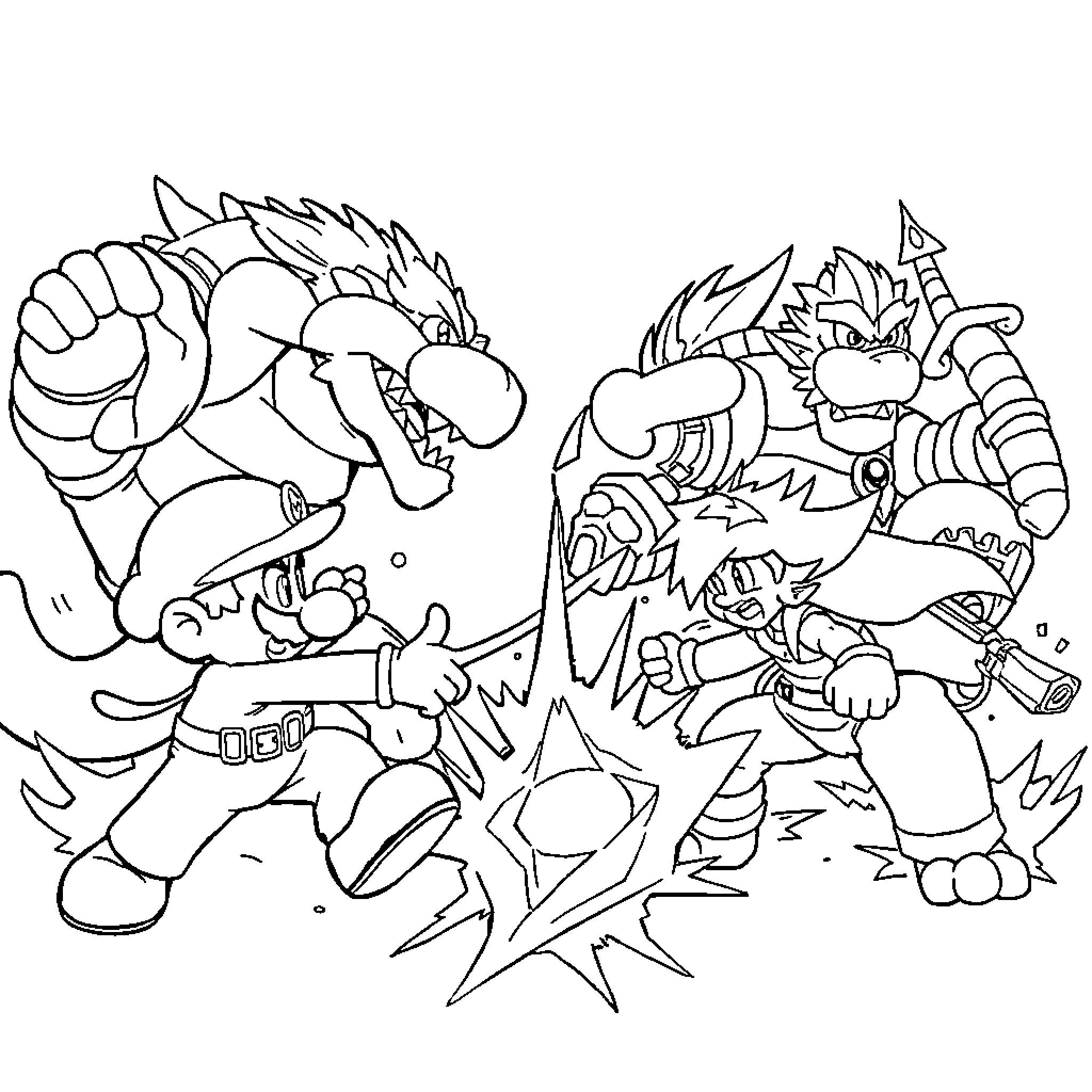 Super Smash Bros: Fierce Brawl Between Iconic Characters Coloring Page (free black-and-white line drawing printable PDF for all, from beginners to advanced learners, including children, teens, adults, and seniors)