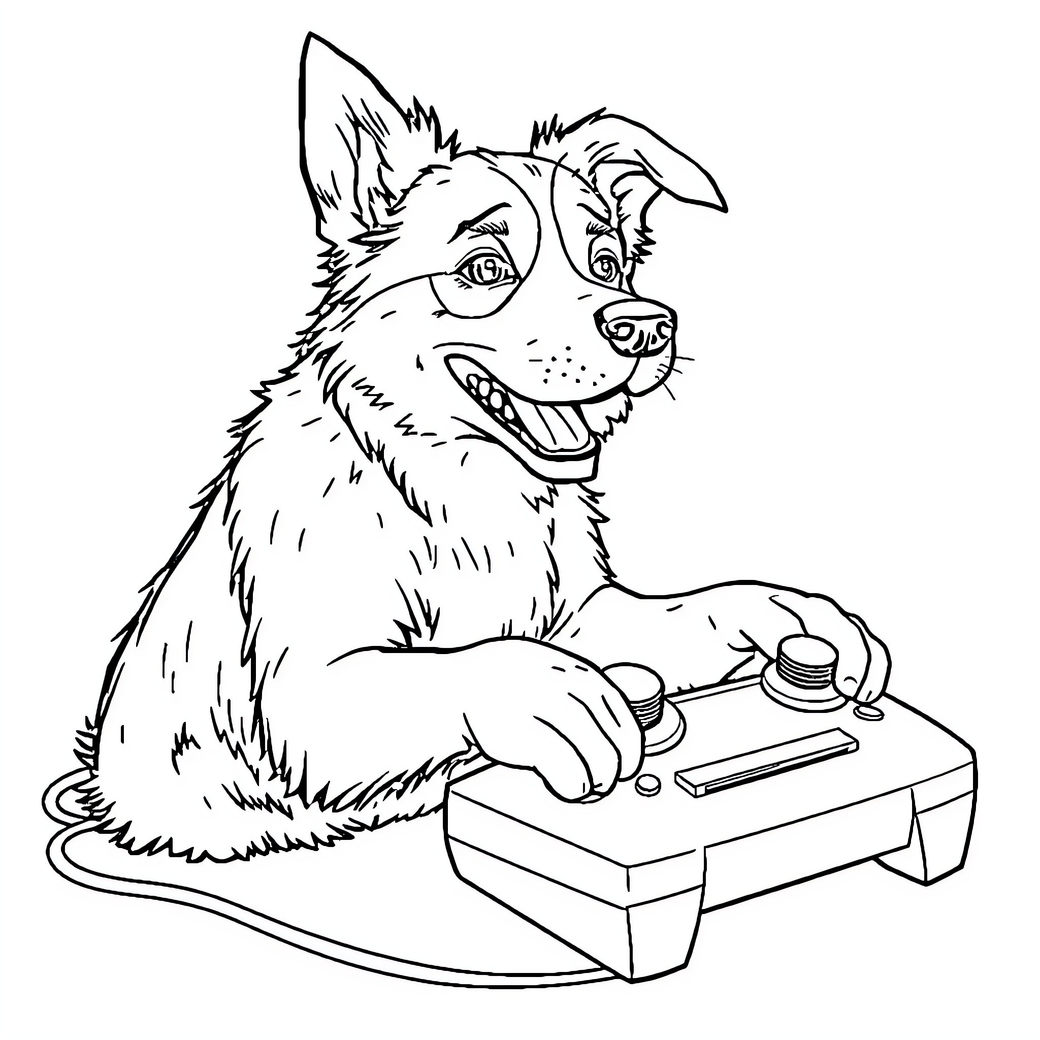 Dog playing video game with controller Coloring Page (free black-and-white line drawing printable PDF for all, from beginners to advanced learners, including children, teens, adults, and seniors)