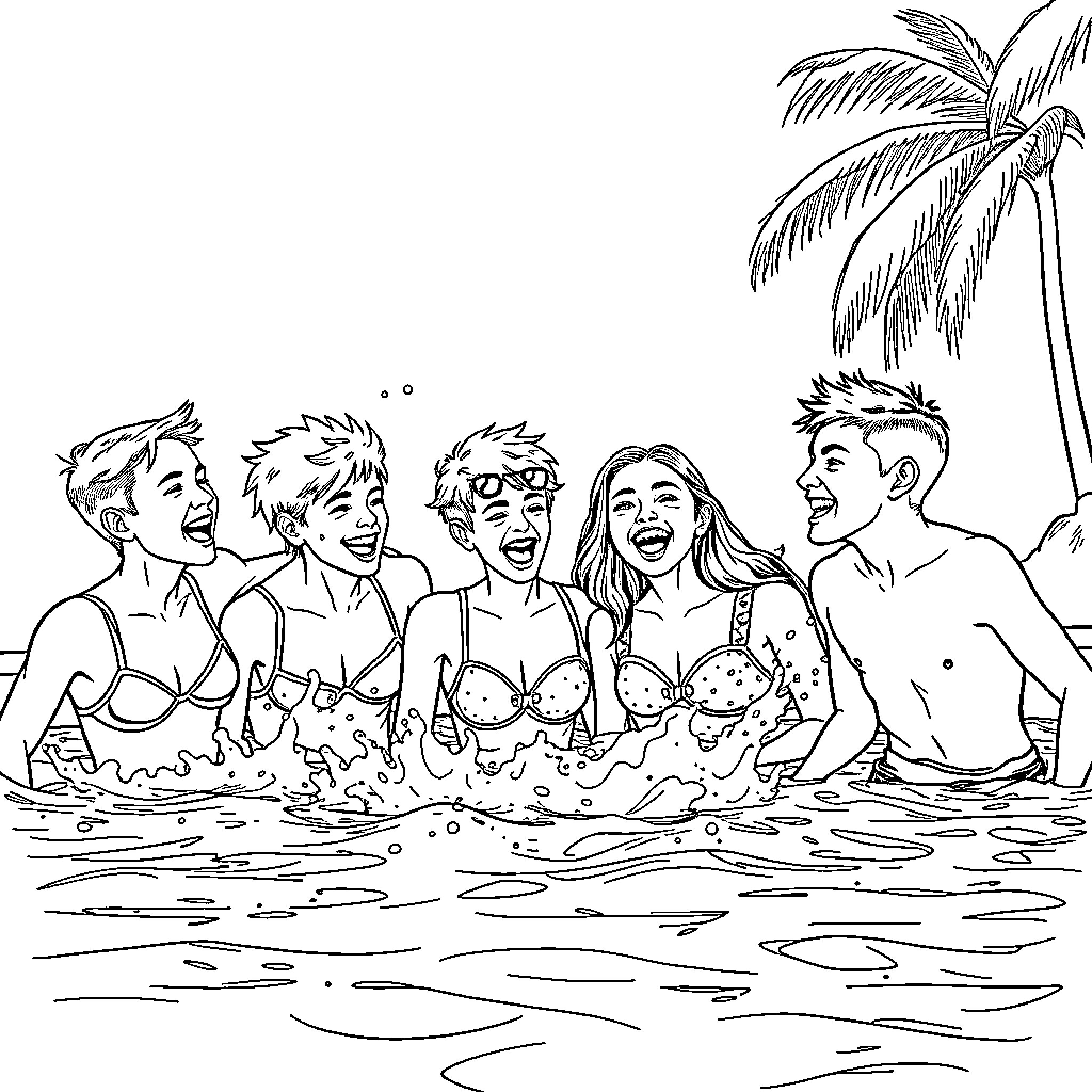 Teenager friends enjoying summer vacation at the beach Coloring Page (free black-and-white line drawing printable PDF for all, from beginners to advanced learners, including children, teens, adults, and seniors)