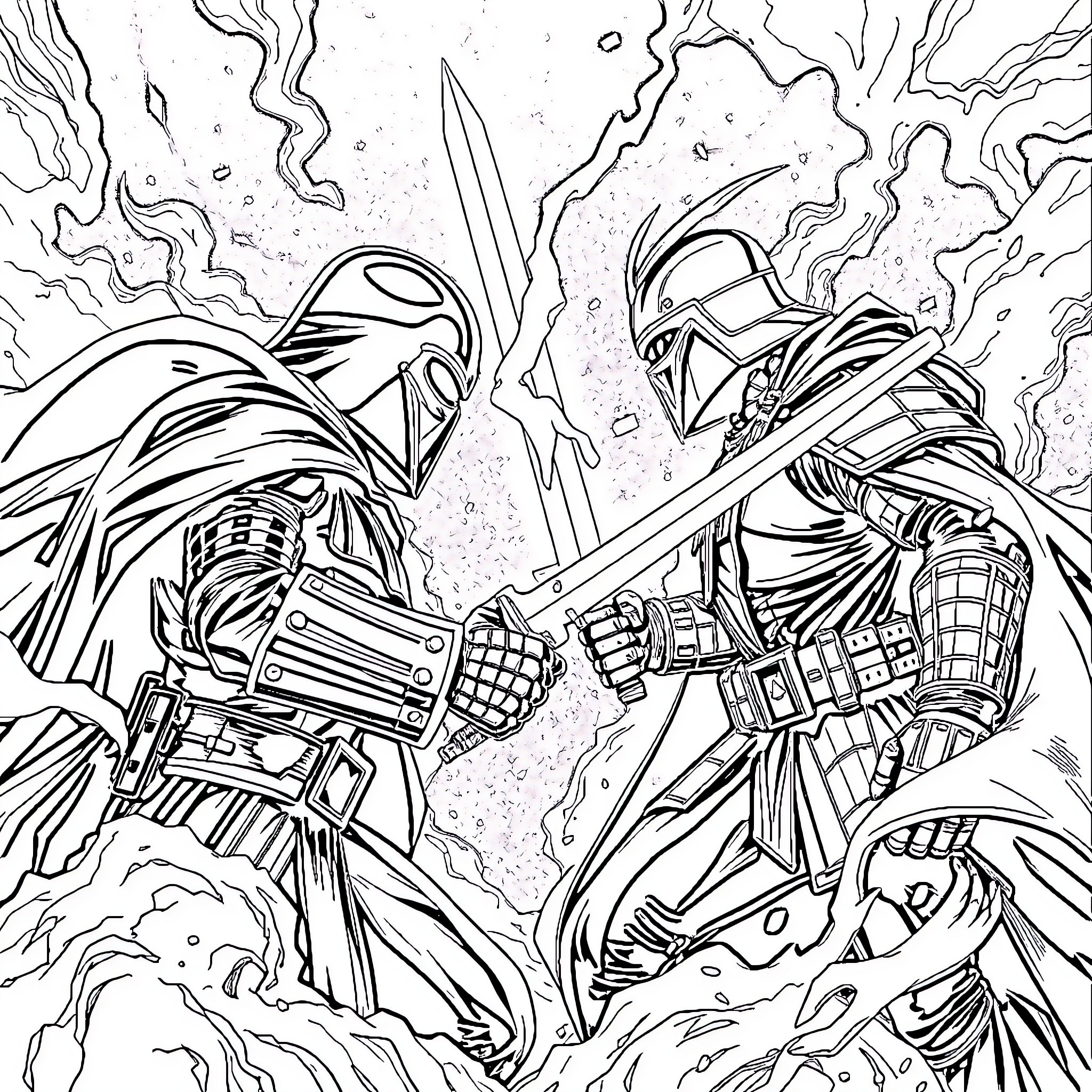 Darth Vader and Storm Trooper in epic lightsaber battle Coloring Page (free black-and-white line drawing printable PDF for all, from beginners to advanced learners, including children, teens, adults, and seniors)