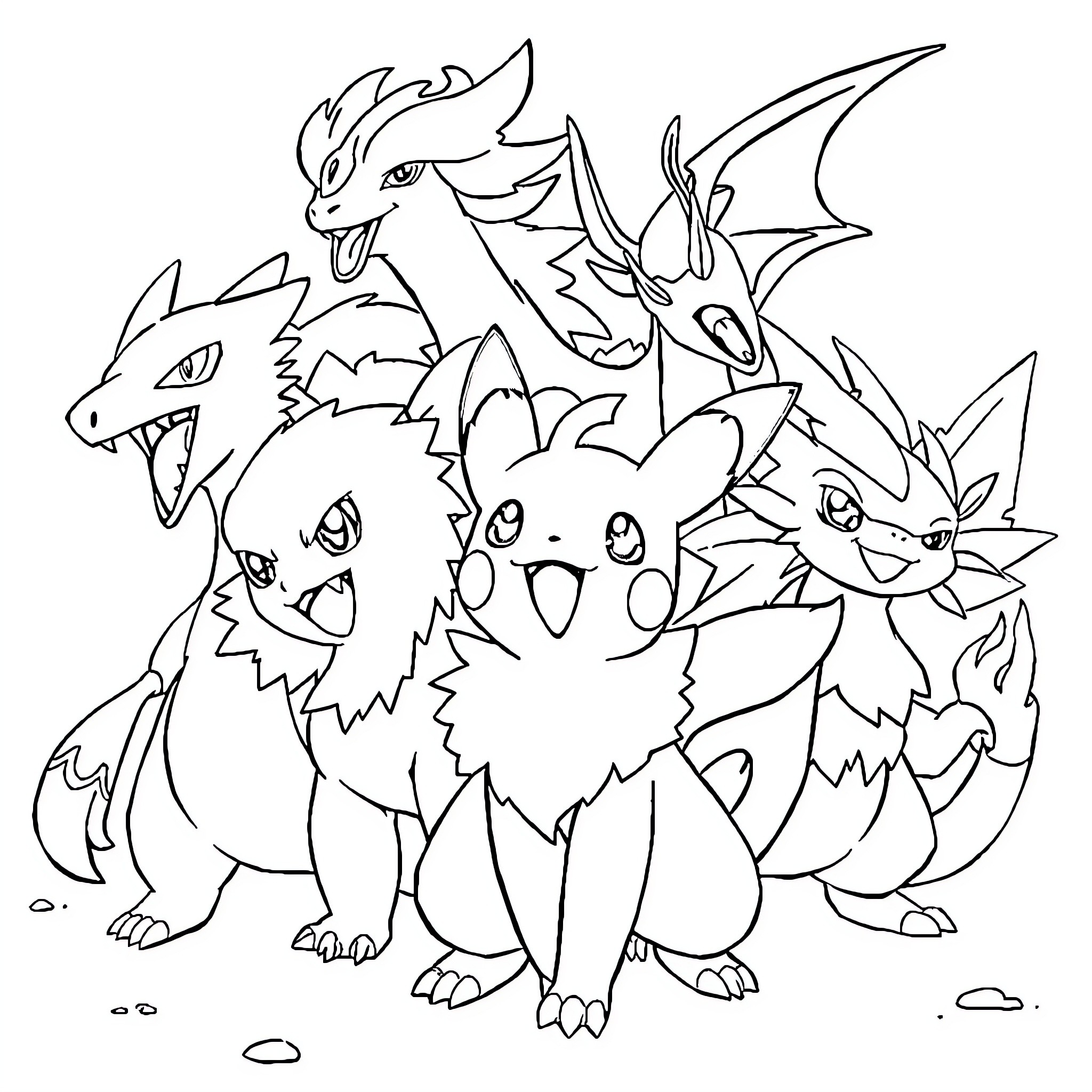 Pokémon characters gathered in an animated scene Coloring Page (free black-and-white line drawing printable PDF for all, from beginners to advanced learners, including children, teens, adults, and seniors)