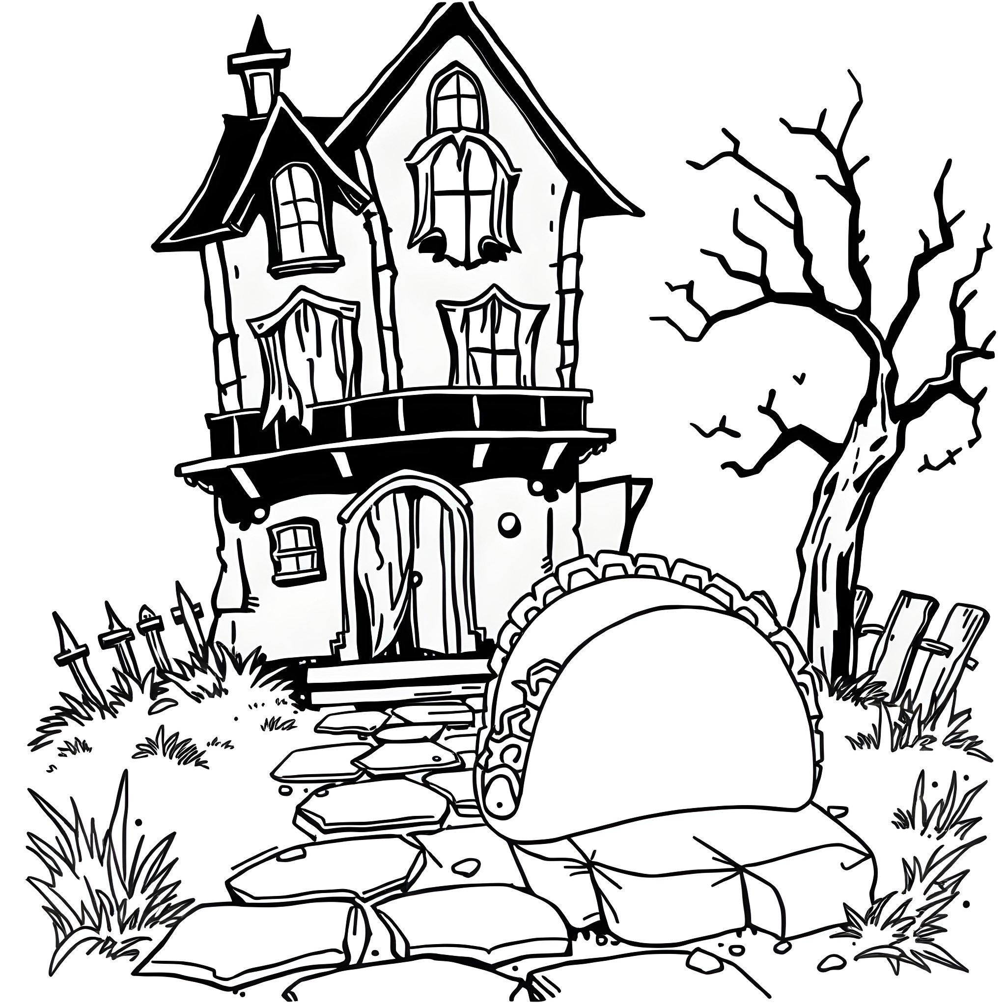 House with a spooky tree in a haunted landscape Coloring Page (free black-and-white line drawing printable PDF for all, from beginners to advanced learners, including children, teens, adults, and seniors)
