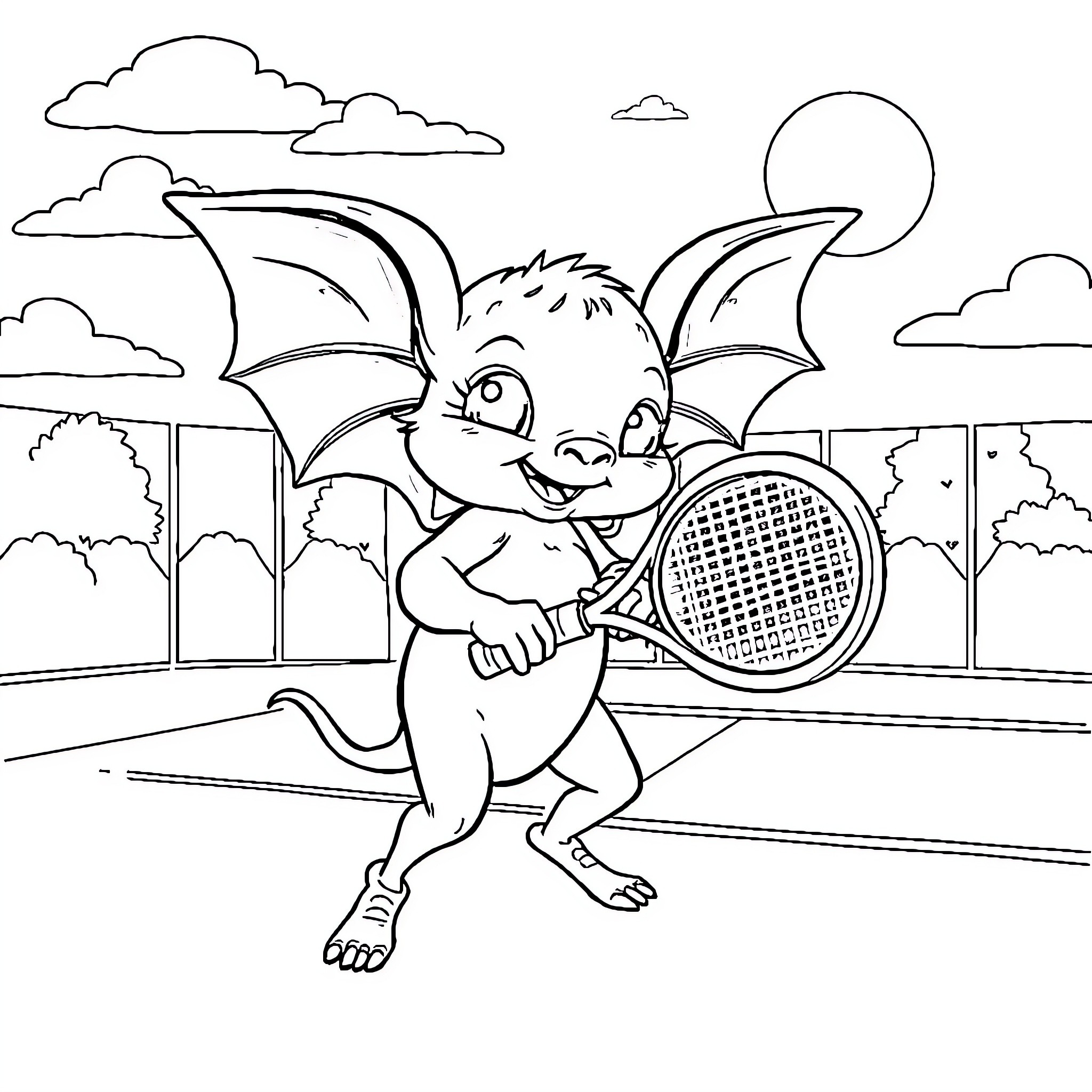 Bat playing tennis on the court Coloring Page (free black-and-white line drawing printable PDF for all, from beginners to advanced learners, including children, teens, adults, and seniors)