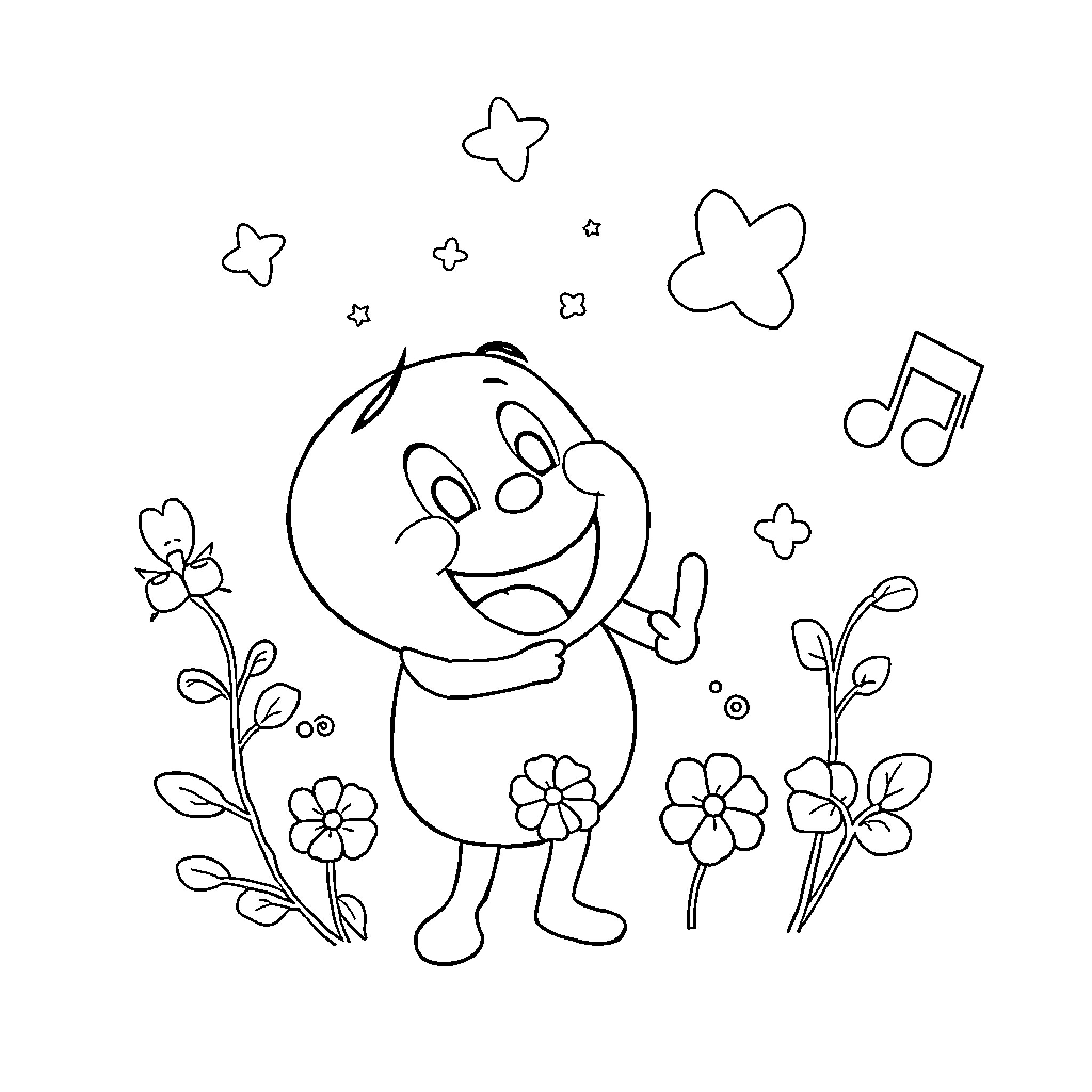 Tralalero happy character amid flowers and music Coloring Page (free black-and-white line drawing printable PDF for all, from beginners to advanced learners, including children, teens, adults, and seniors)