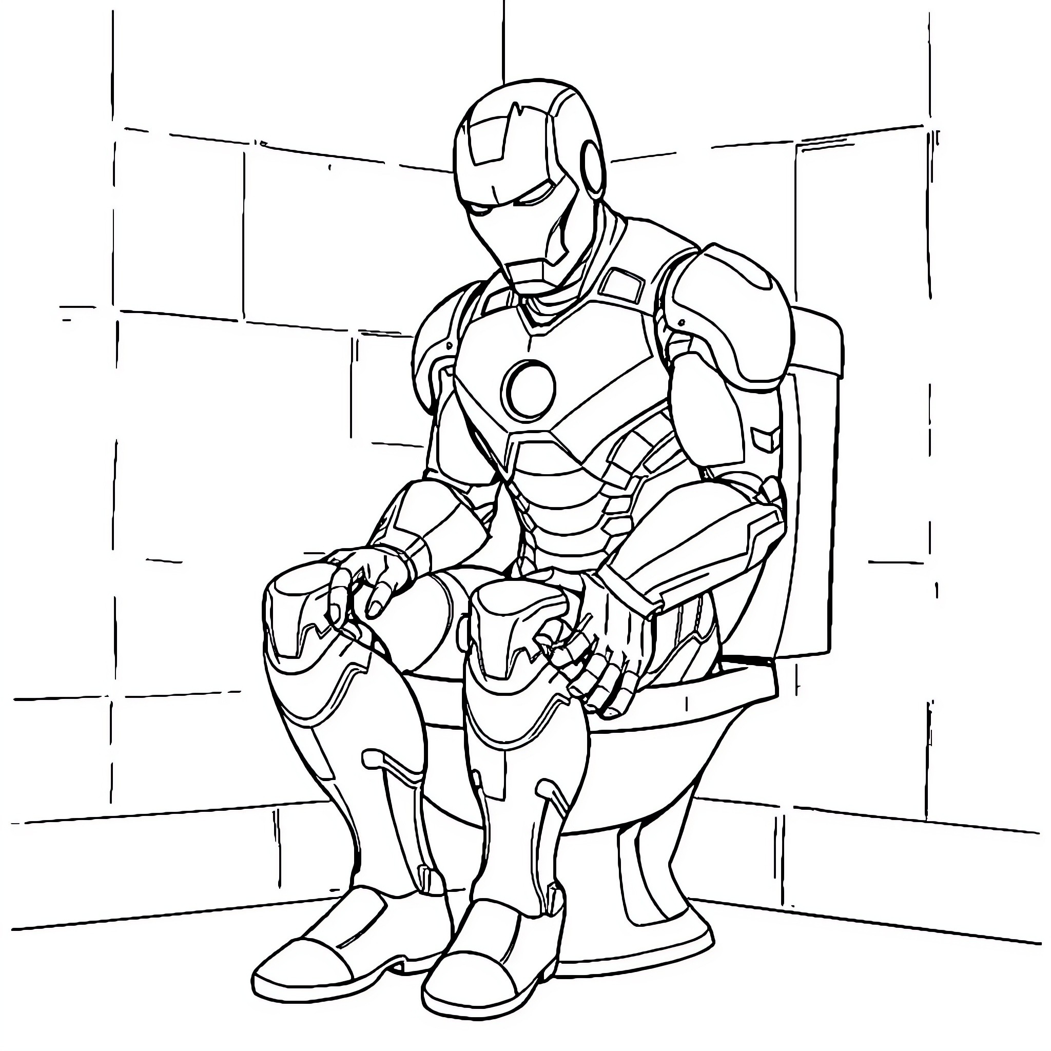 Ironman hero in action-ready stance Coloring Page (free black-and-white line drawing printable PDF for all, from beginners to advanced learners, including children, teens, adults, and seniors)