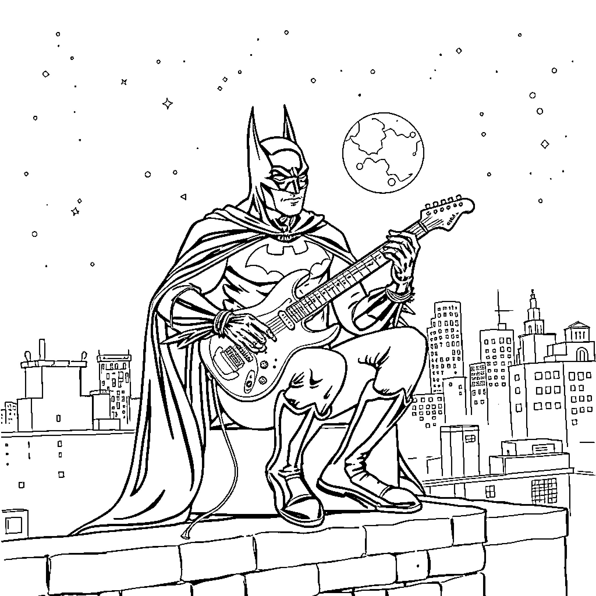 Batman playing guitar in the city at night Coloring Page (free black-and-white line drawing printable PDF for all, from beginners to advanced learners, including children, teens, adults, and seniors)
