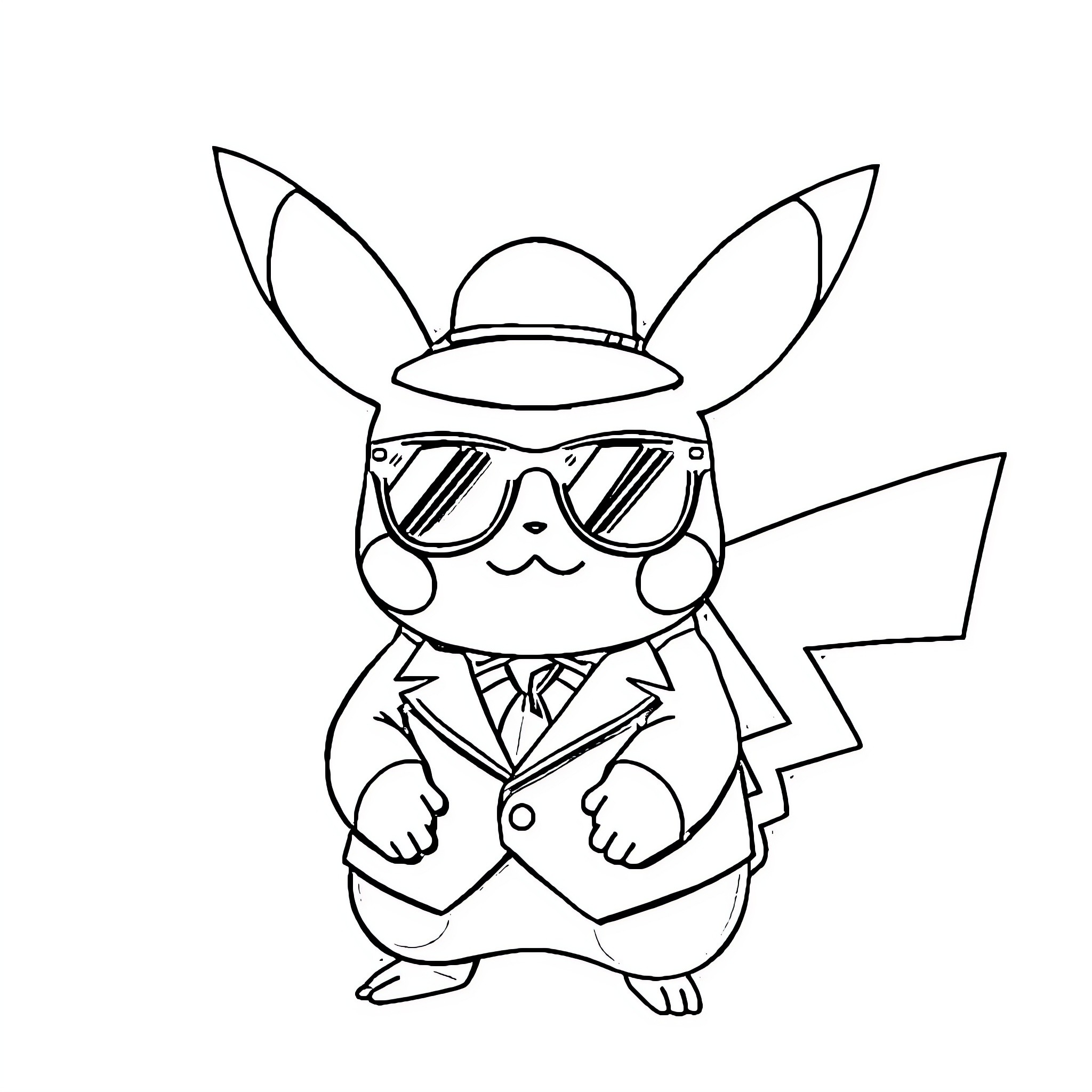 Pikachu wearing a suit and sunglasses Coloring Page (free black-and-white line drawing printable PDF for all, from beginners to advanced learners, including children, teens, adults, and seniors)