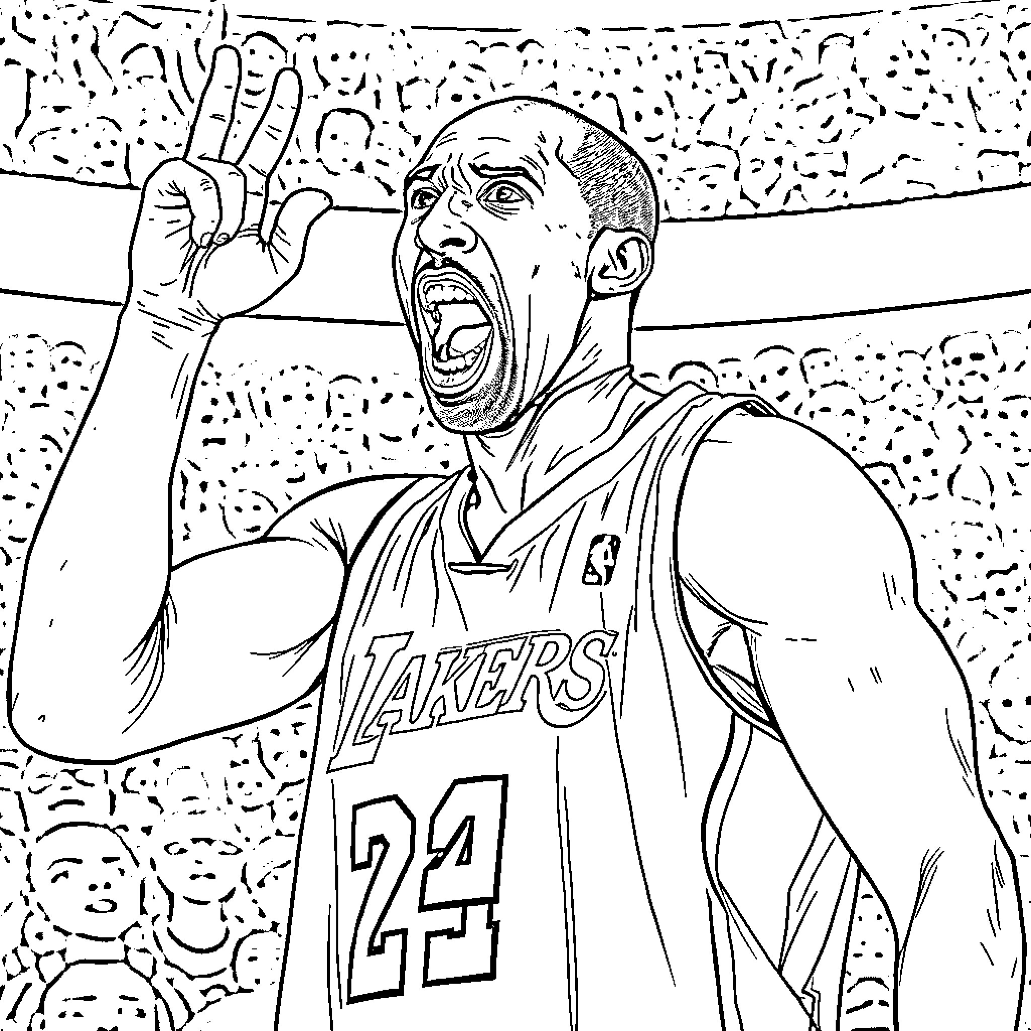 Kobe Bryant's Triumphant Basketball Celebration Coloring Page (free black-and-white line drawing printable PDF for all, from beginners to advanced learners, including children, teens, adults, and seniors)
