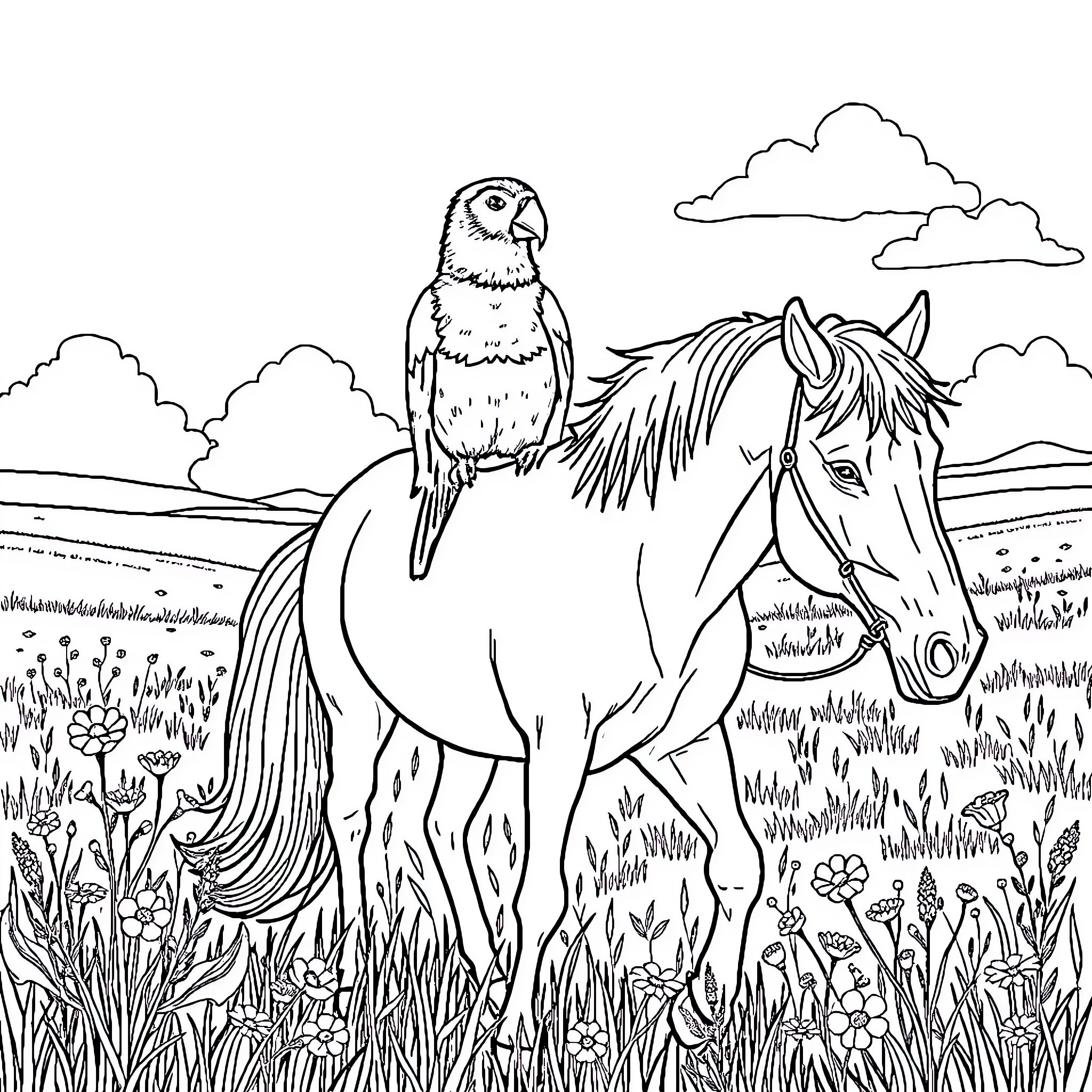 Bird perched on a horse in a grassy field Coloring Page (free black-and-white line drawing printable PDF for all, from beginners to advanced learners, including children, teens, adults, and seniors)