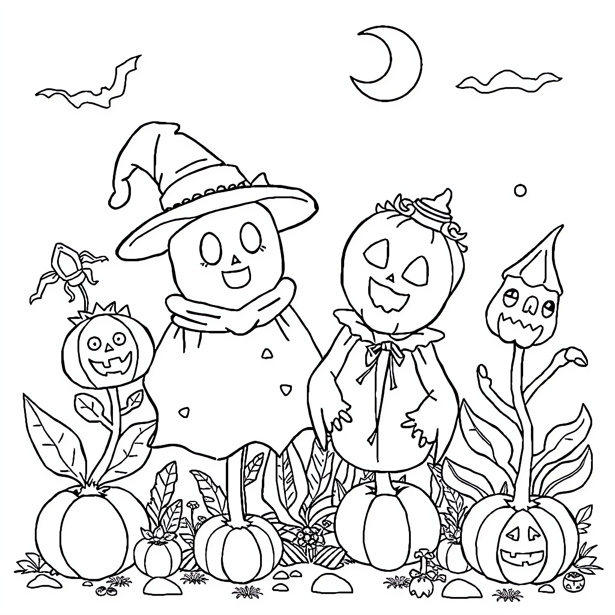 Plant characters celebrating Halloween in the garden Coloring Page (free black-and-white line drawing printable PDF for all, from beginners to advanced learners, including children, teens, adults, and seniors)