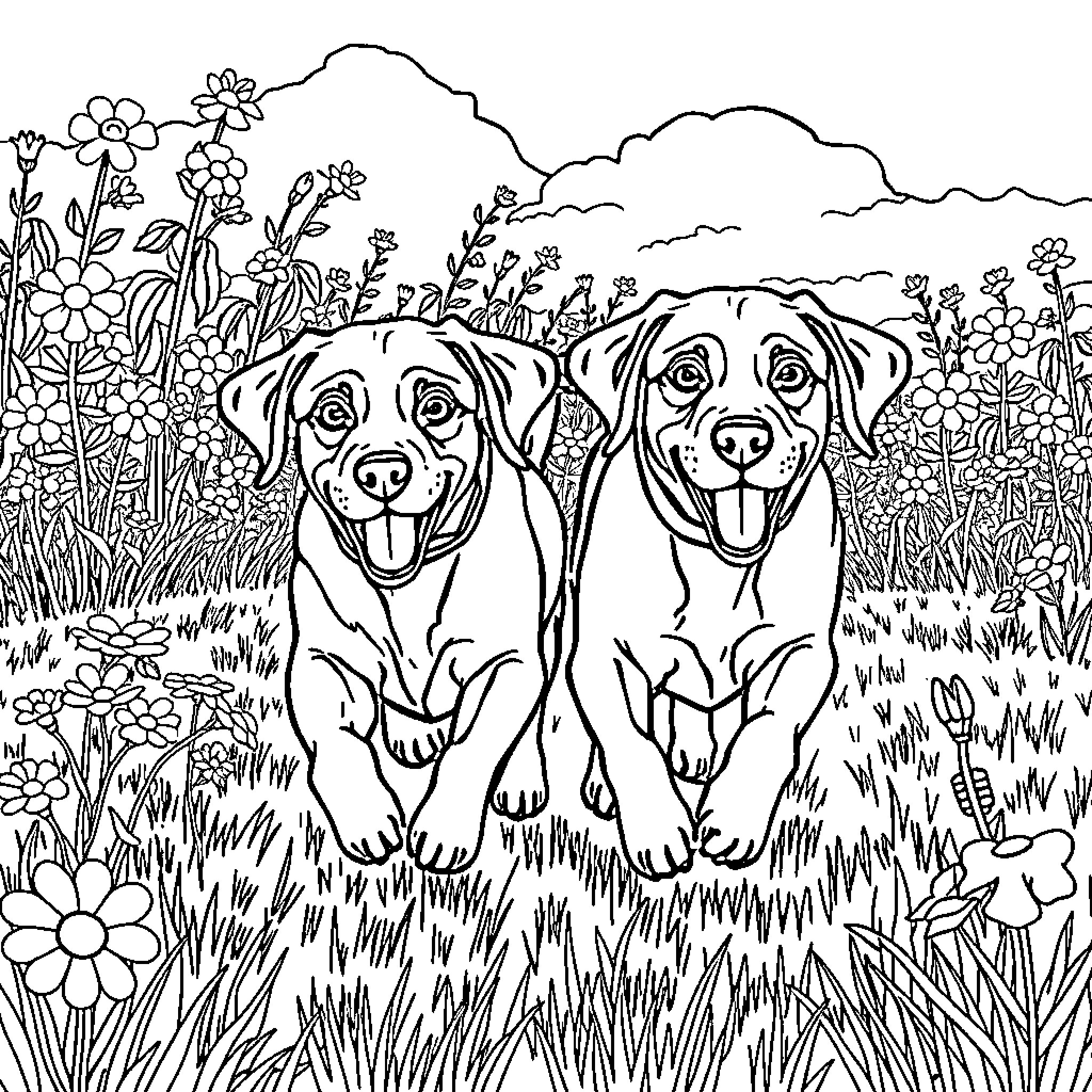Labrador puppies playing in a flower field Coloring Page (free black-and-white line drawing printable PDF for all, from beginners to advanced learners, including children, teens, adults, and seniors)