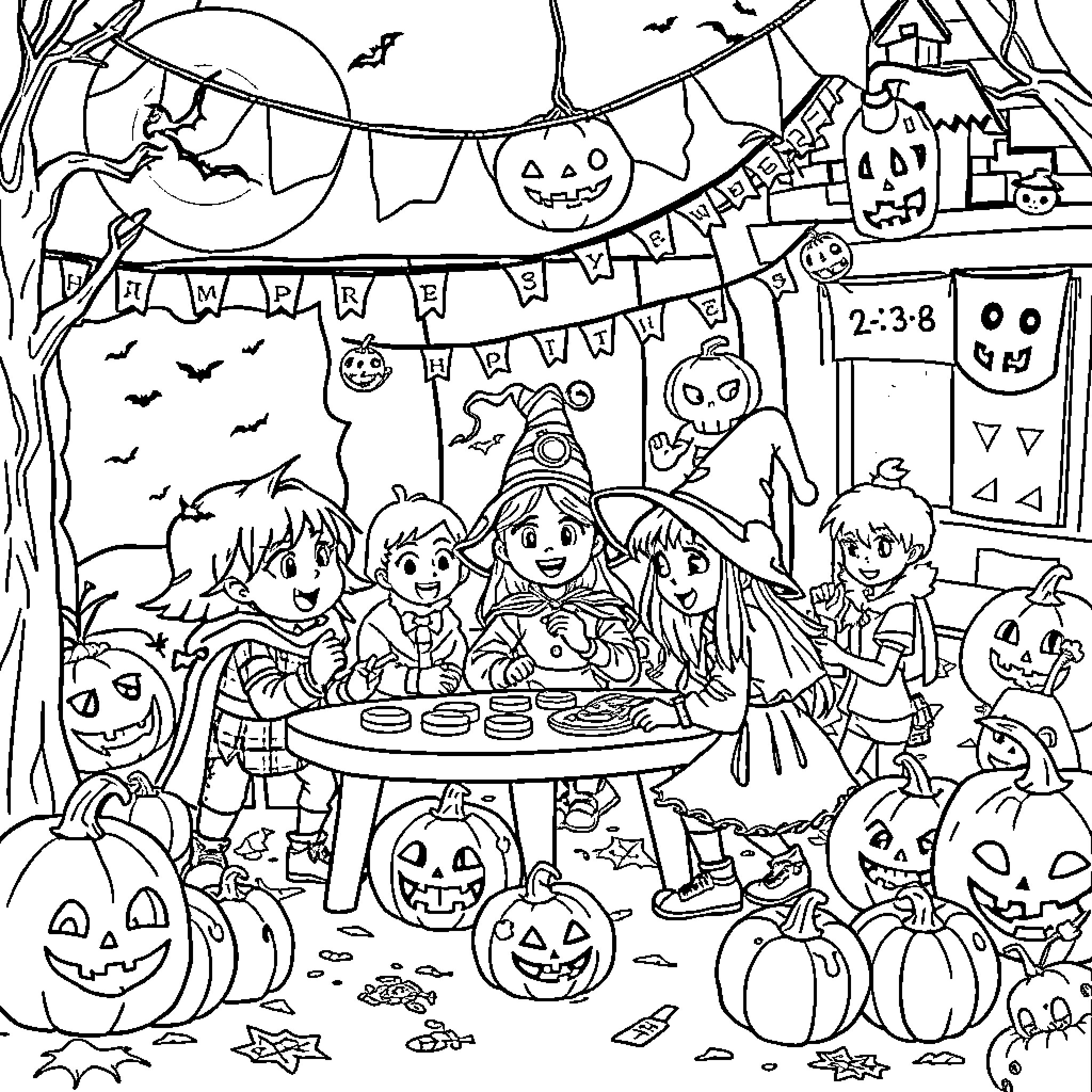Kid's Halloween Party with Spooky Decorations and Treats Coloring Page (free black-and-white line drawing printable PDF for all, from beginners to advanced learners, including children, teens, adults, and seniors)
