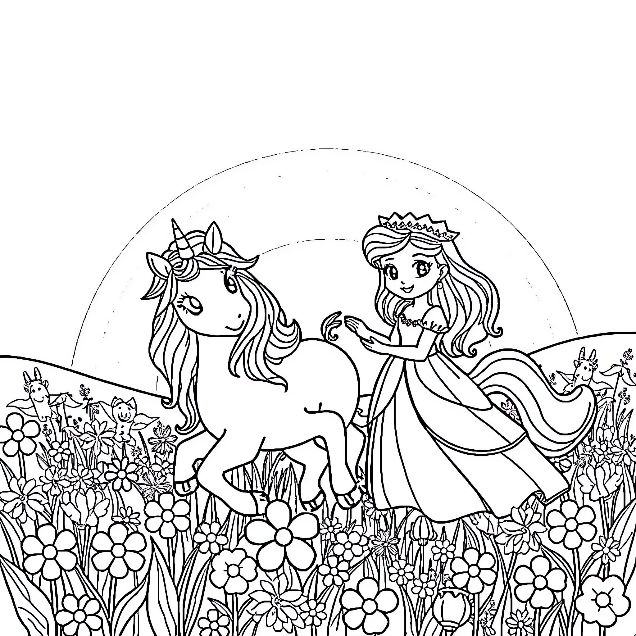 Unicorn and Princess Explore Whimsical Meadow Coloring Page (free black-and-white line drawing printable PDF for all, from beginners to advanced learners, including children, teens, adults, and seniors)