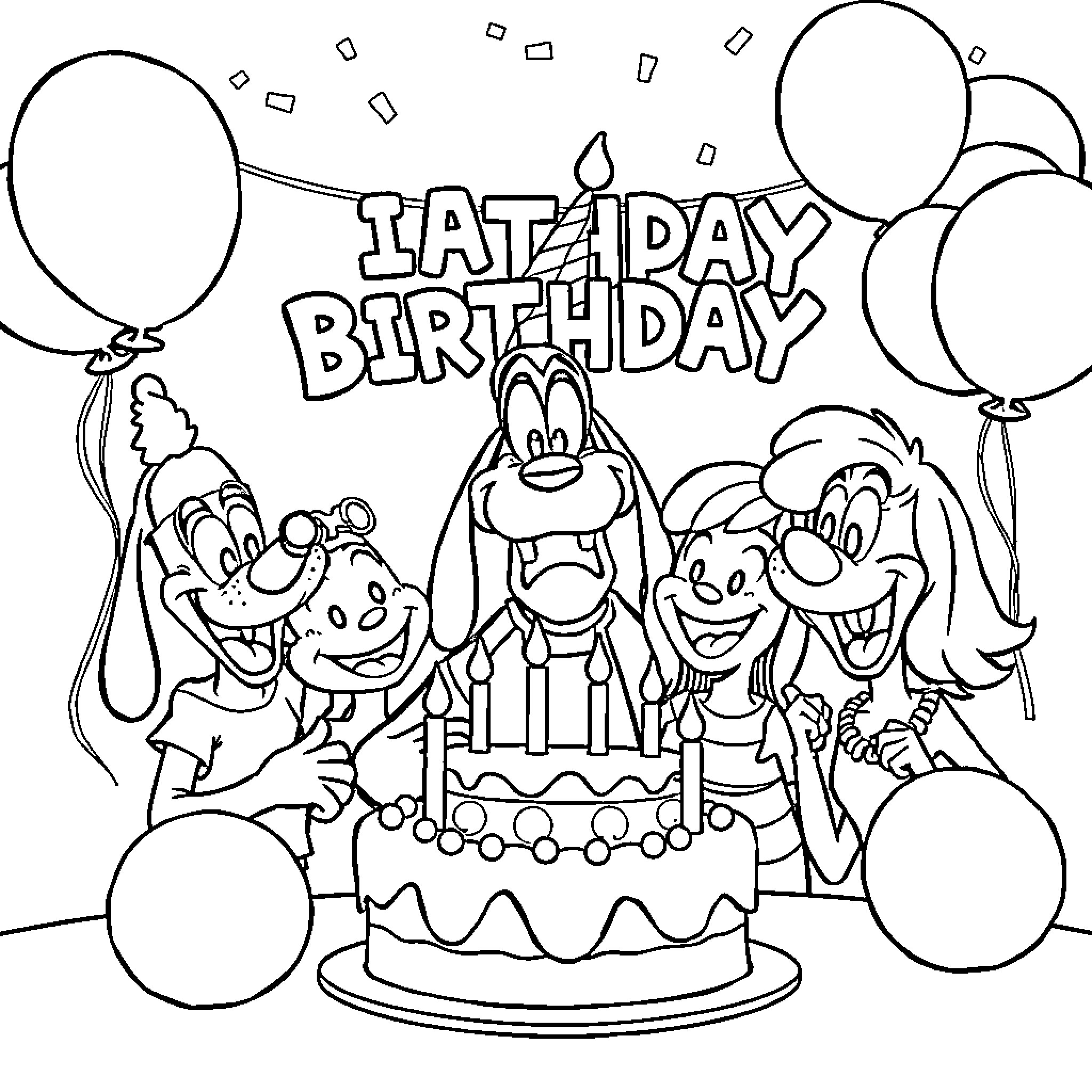 Goofy characters celebrating a birthday Coloring Page (free black-and-white line drawing printable PDF for all, from beginners to advanced learners, including children, teens, adults, and seniors)