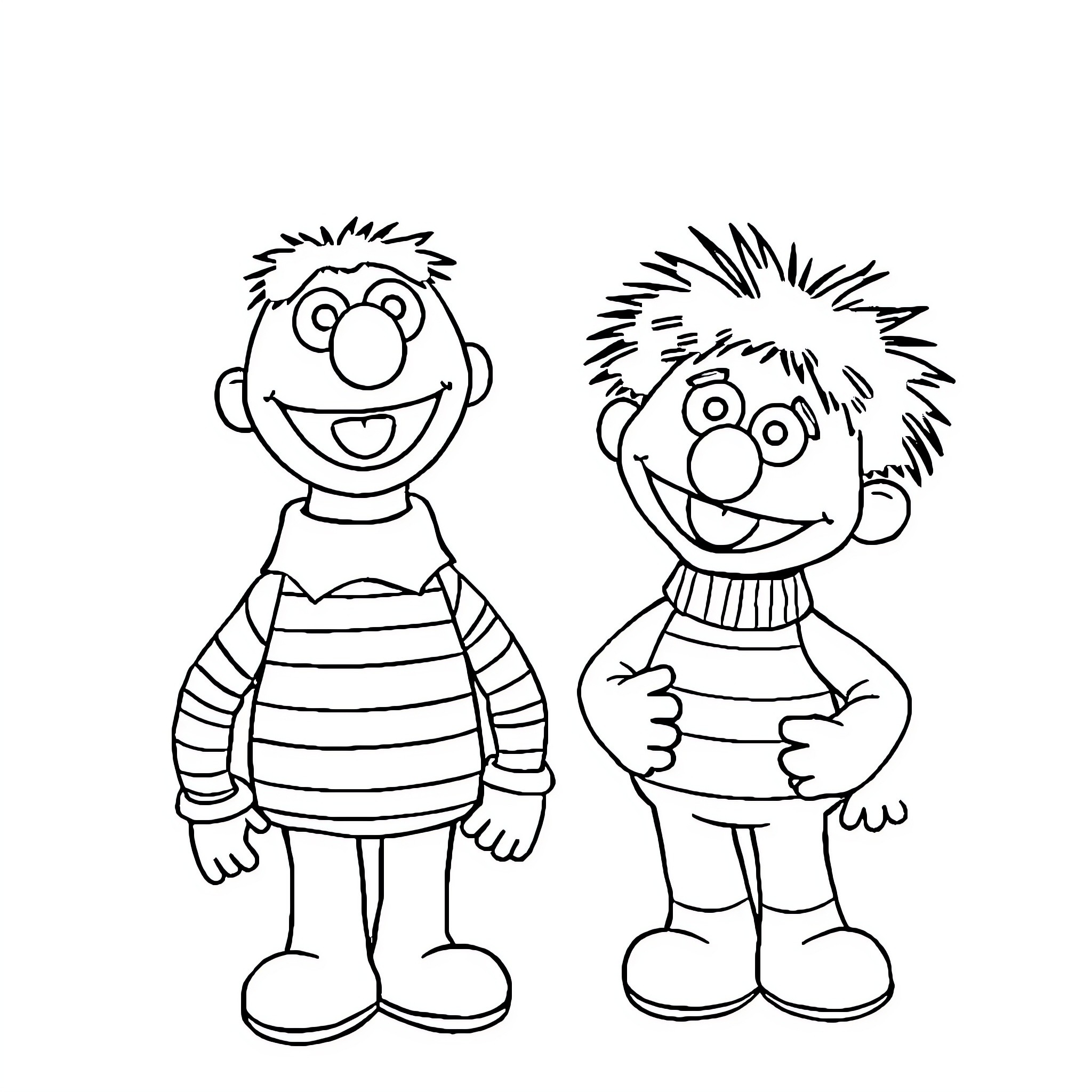 Bert and Friends in Cartoon Outfits Coloring Page (free black-and-white line drawing printable PDF for all, from beginners to advanced learners, including children, teens, adults, and seniors)