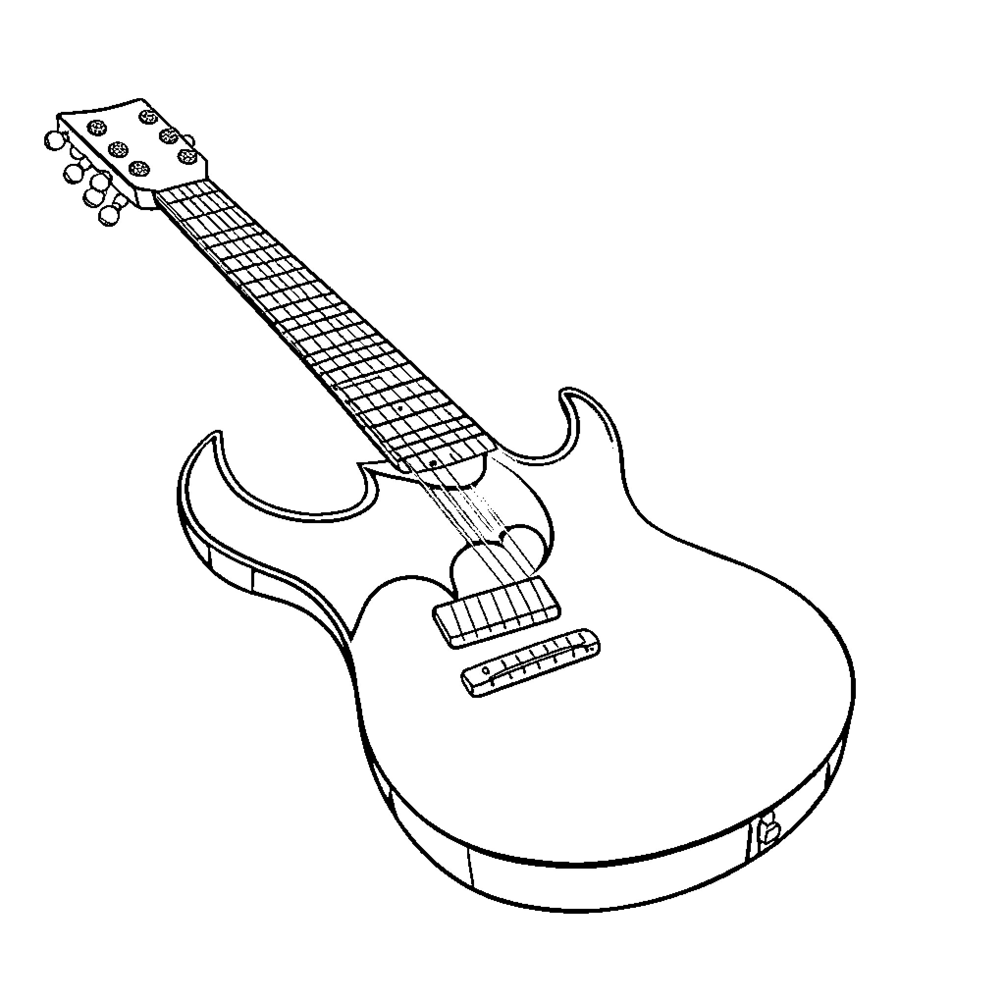 Guitar with a unique body shape Coloring Page (free black-and-white line drawing printable PDF for all, from beginners to advanced learners, including children, teens, adults, and seniors)