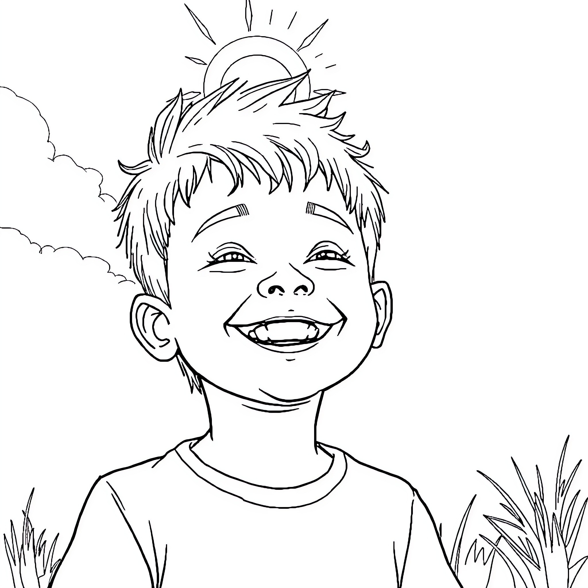 Rayyan's joyful expression in the outdoors Coloring Page (free black-and-white line drawing printable PDF for all, from beginners to advanced learners, including children, teens, adults, and seniors)