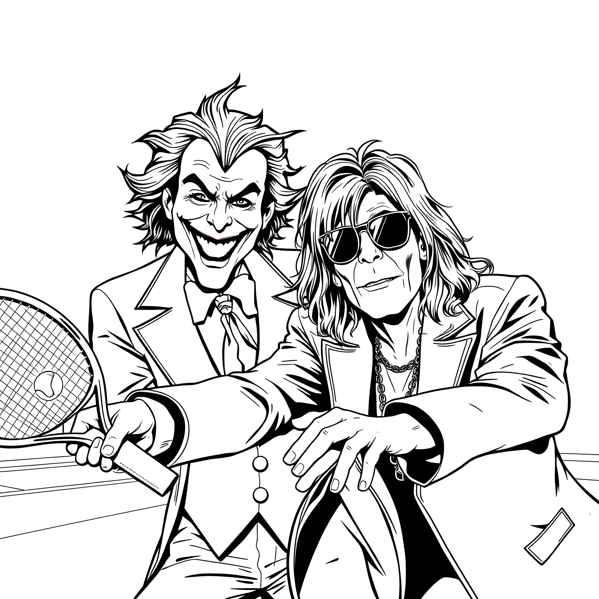 Joker and Companion in Villainous Poses Coloring Page (free black-and-white line drawing printable PDF for all, from beginners to advanced learners, including children, teens, adults, and seniors)