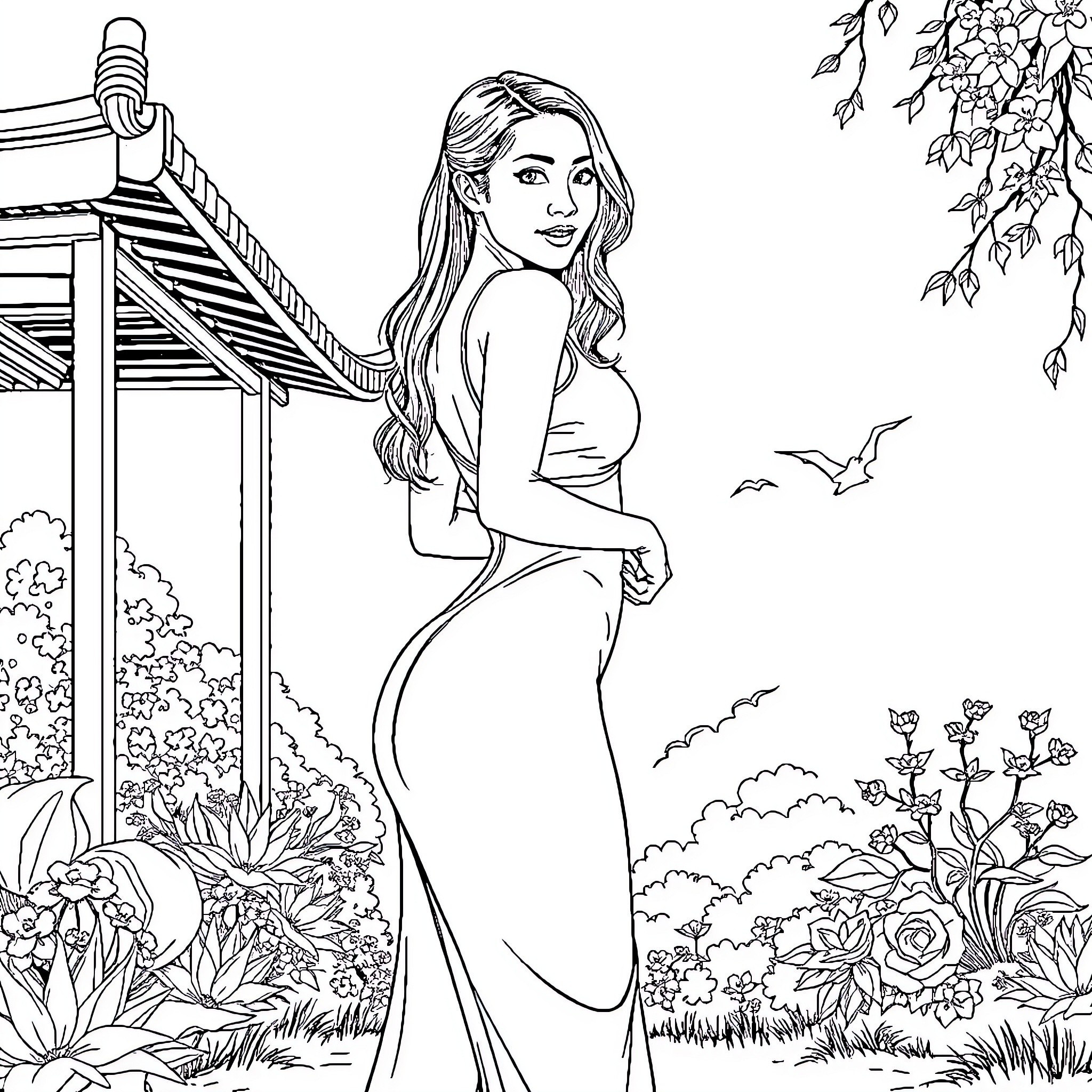 Woman in flowing dress admiring nature outdoors Coloring Page (free black-and-white line drawing printable PDF for all, from beginners to advanced learners, including children, teens, adults, and seniors)