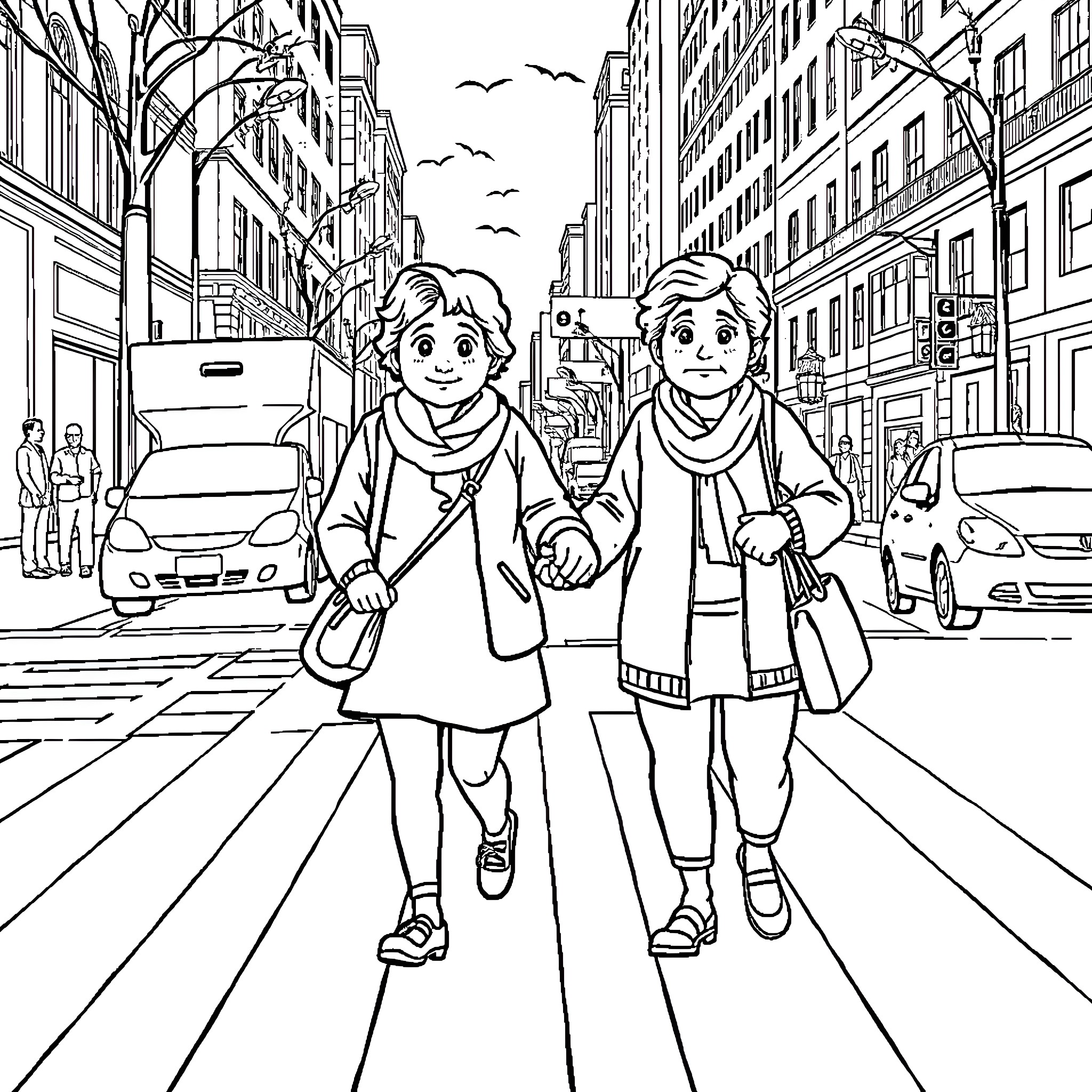 Child friends exploring city street together Coloring Page (free black-and-white line drawing printable PDF for all, from beginners to advanced learners, including children, teens, adults, and seniors)