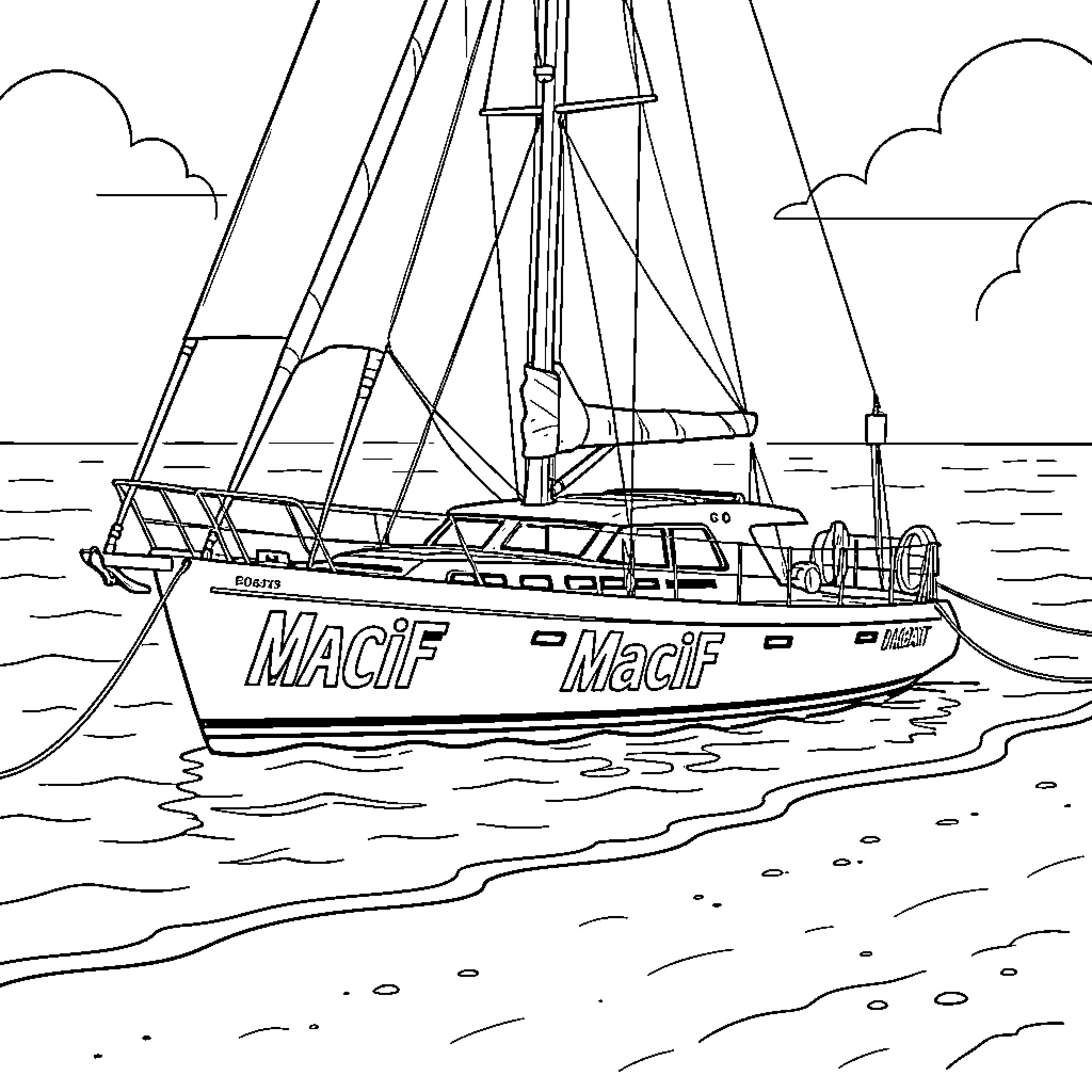 Bateau sailing calmly near the sandy shore Coloring Page (free black-and-white line drawing printable PDF for all, from beginners to advanced learners, including children, teens, adults, and seniors)