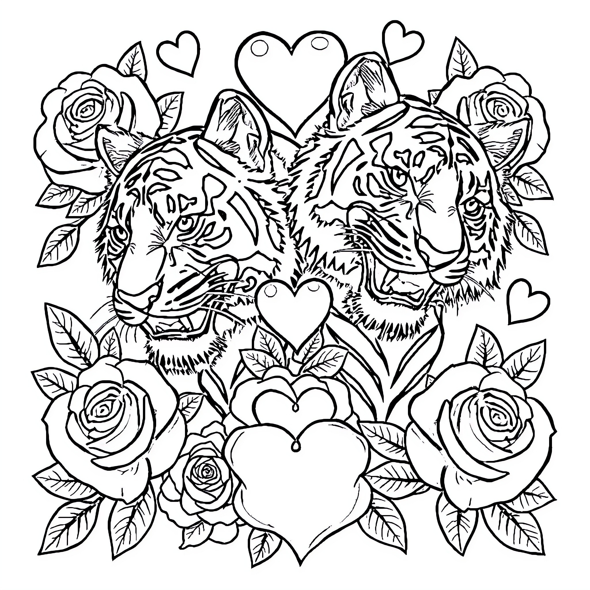 Tiger Faces Surrounded by Floral Hearts and Roses Coloring Page (free black-and-white line drawing printable PDF for all, from beginners to advanced learners, including children, teens, adults, and seniors)