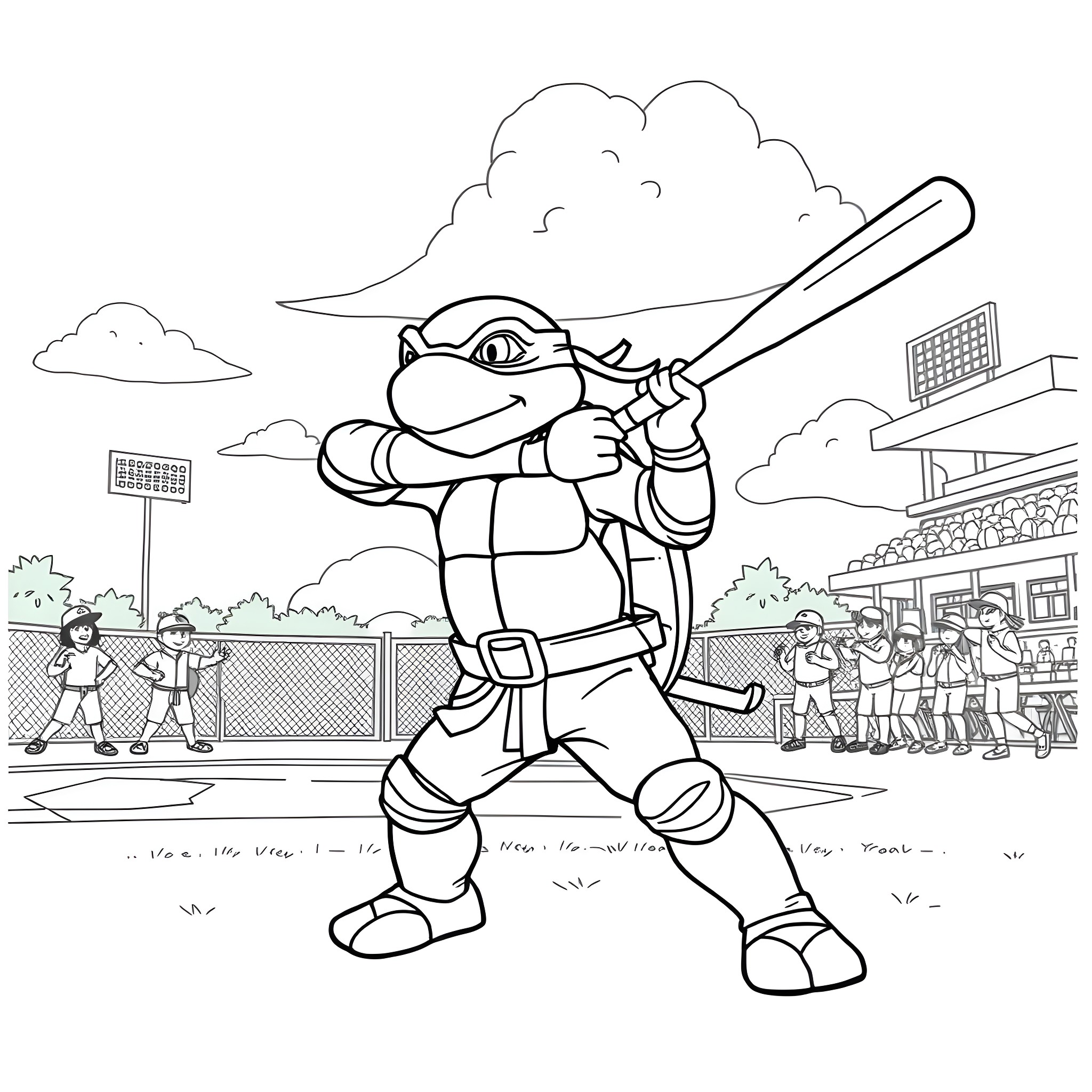 Ninja Turtle playing baseball with fans in the stadium Coloring Page (free black-and-white line drawing printable PDF for all, from beginners to advanced learners, including children, teens, adults, and seniors)
