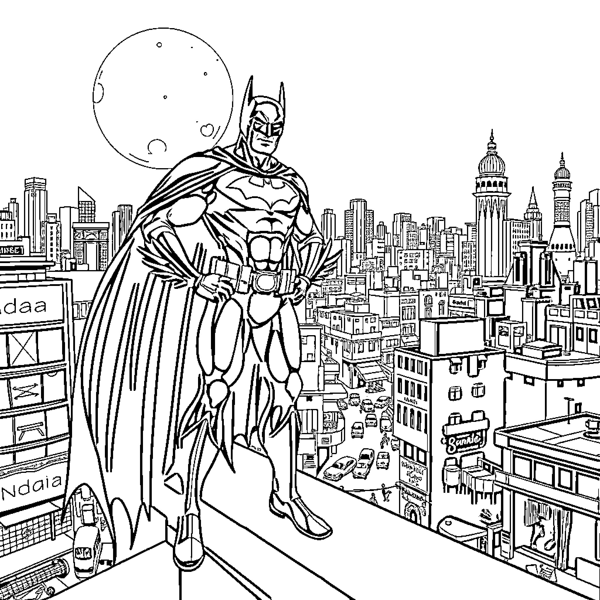 Batman overlooking the city skyline Coloring Page (free black-and-white line drawing printable PDF for all, from beginners to advanced learners, including children, teens, adults, and seniors)