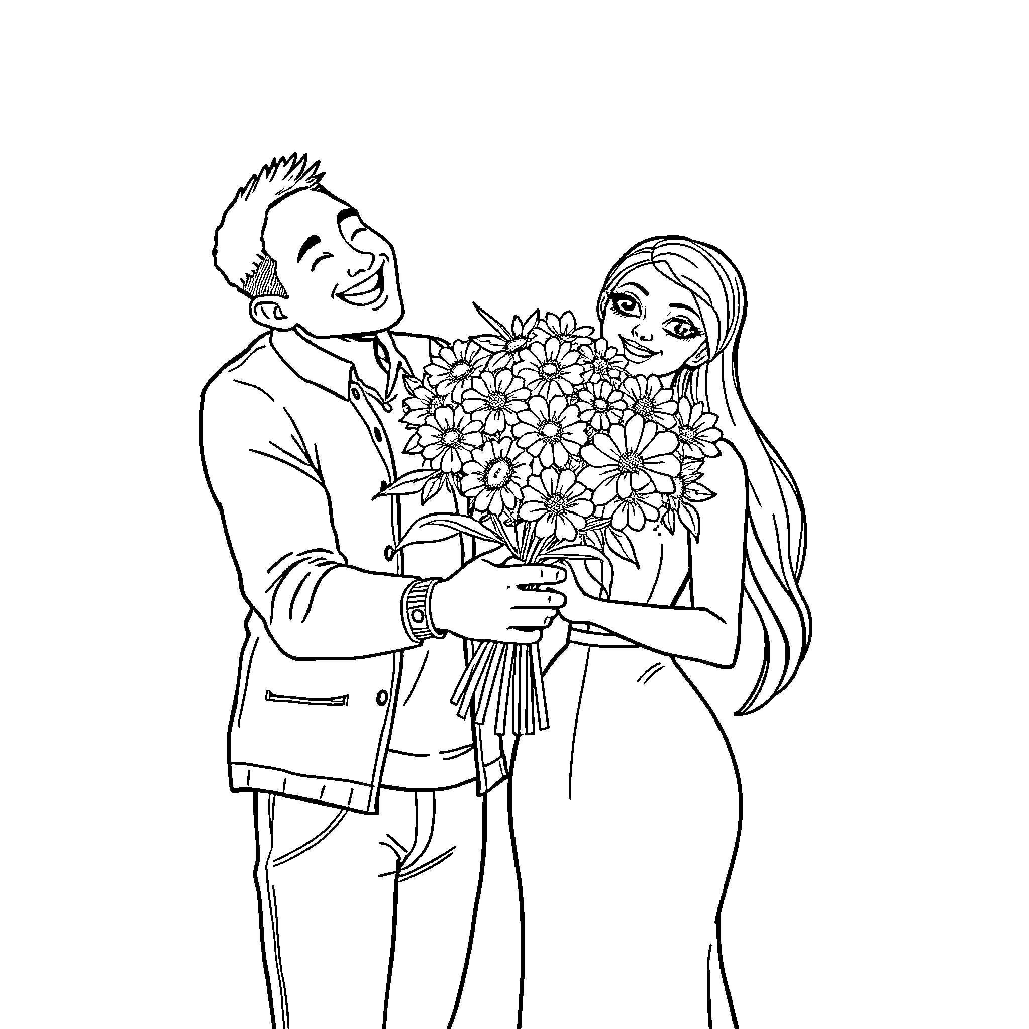 Alien couple sharing a tender moment Coloring Page (free black-and-white line drawing printable PDF for all, from beginners to advanced learners, including children, teens, adults, and seniors)