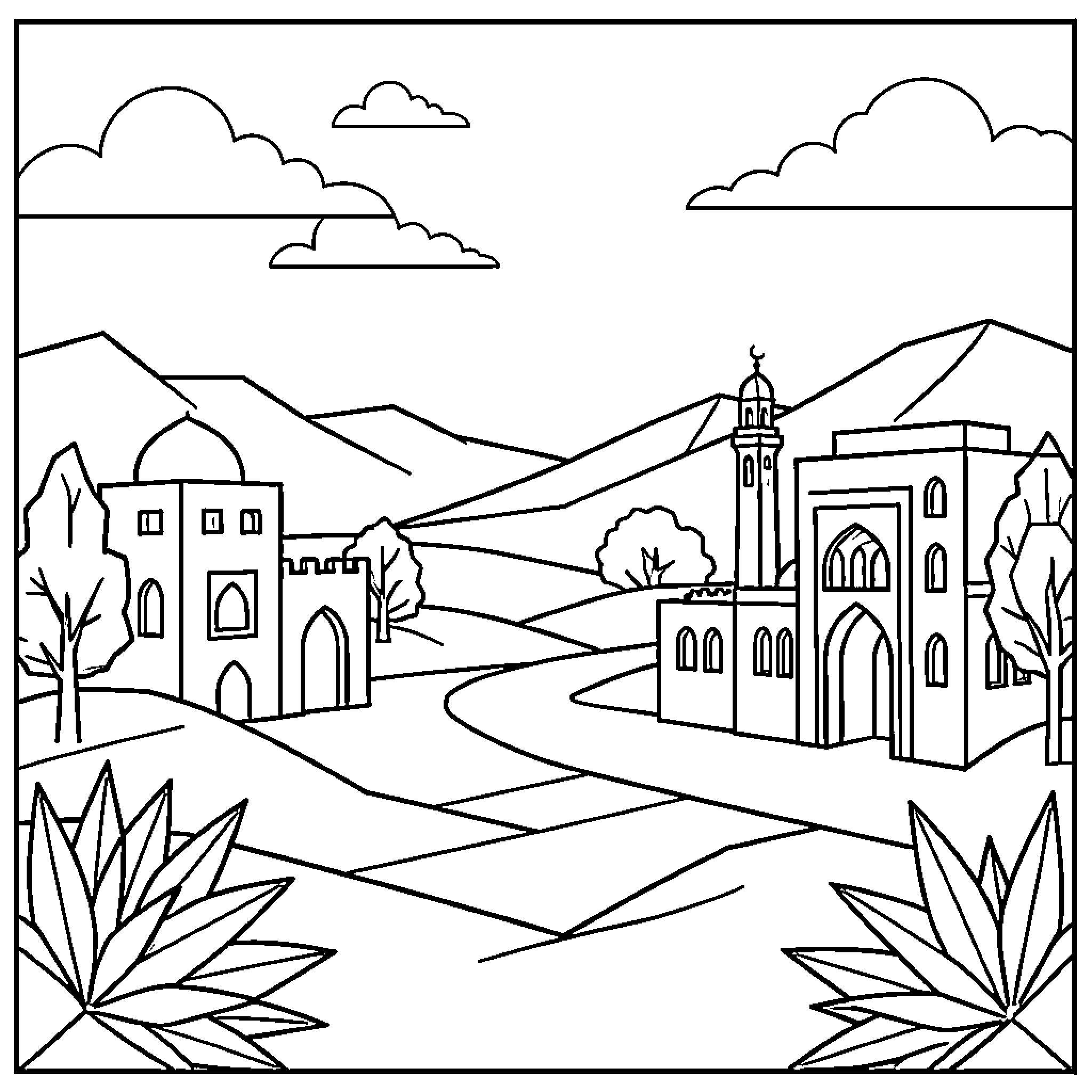 Landscape of ancient buildings and mountains under clouds Coloring Page (free black-and-white line drawing printable PDF for all, from beginners to advanced learners, including children, teens, adults, and seniors)