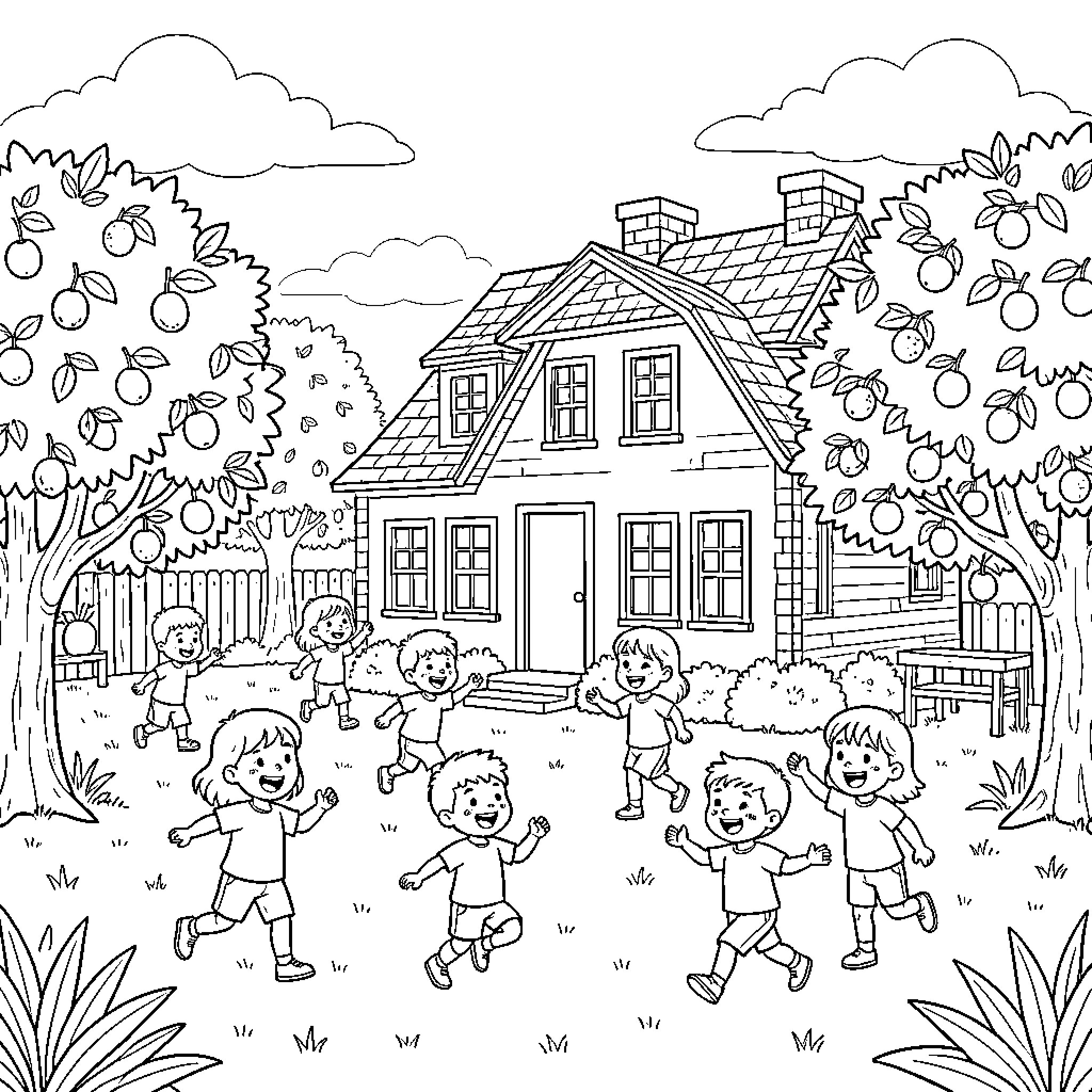 House with children playing in the yard Coloring Page (free black-and-white line drawing printable PDF for all, from beginners to advanced learners, including children, teens, adults, and seniors)