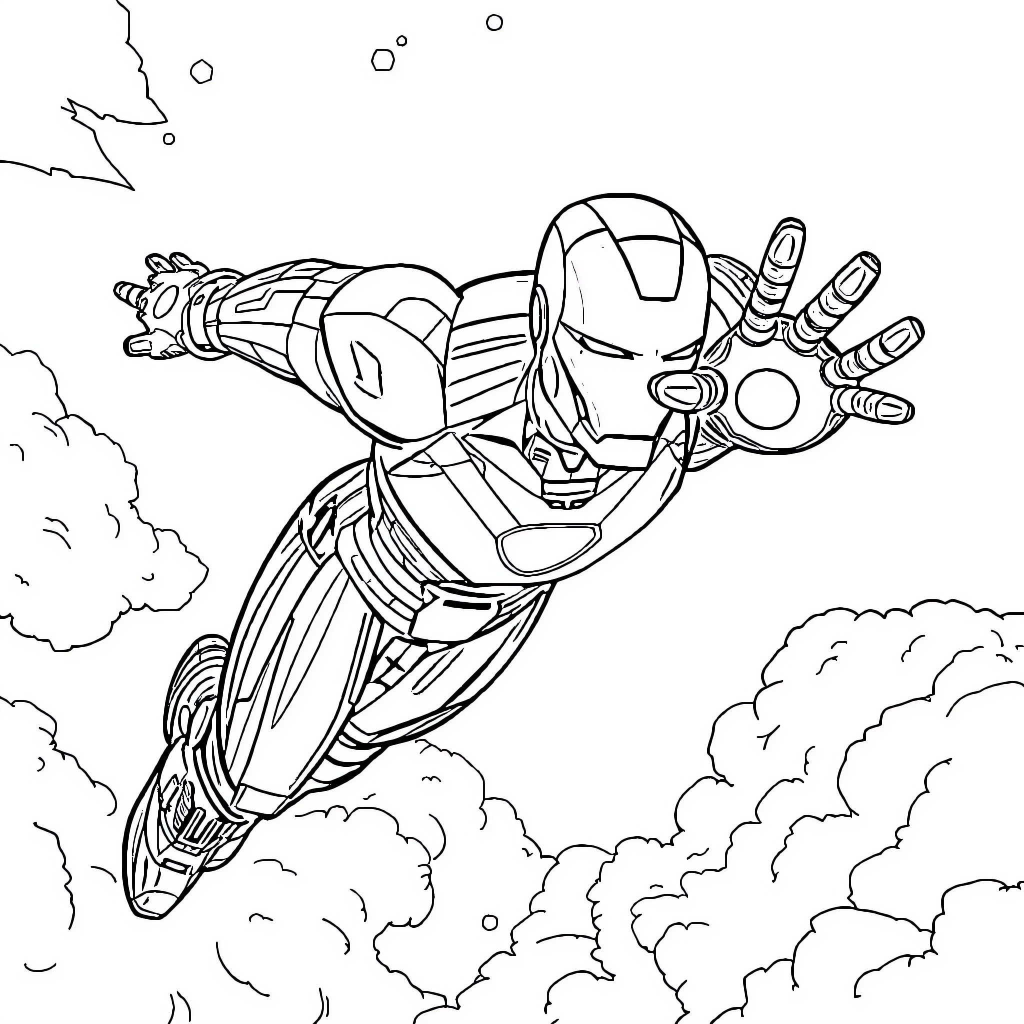Ironman soaring through the skies Coloring Page (free black-and-white line drawing printable PDF for all, from beginners to advanced learners, including children, teens, adults, and seniors)