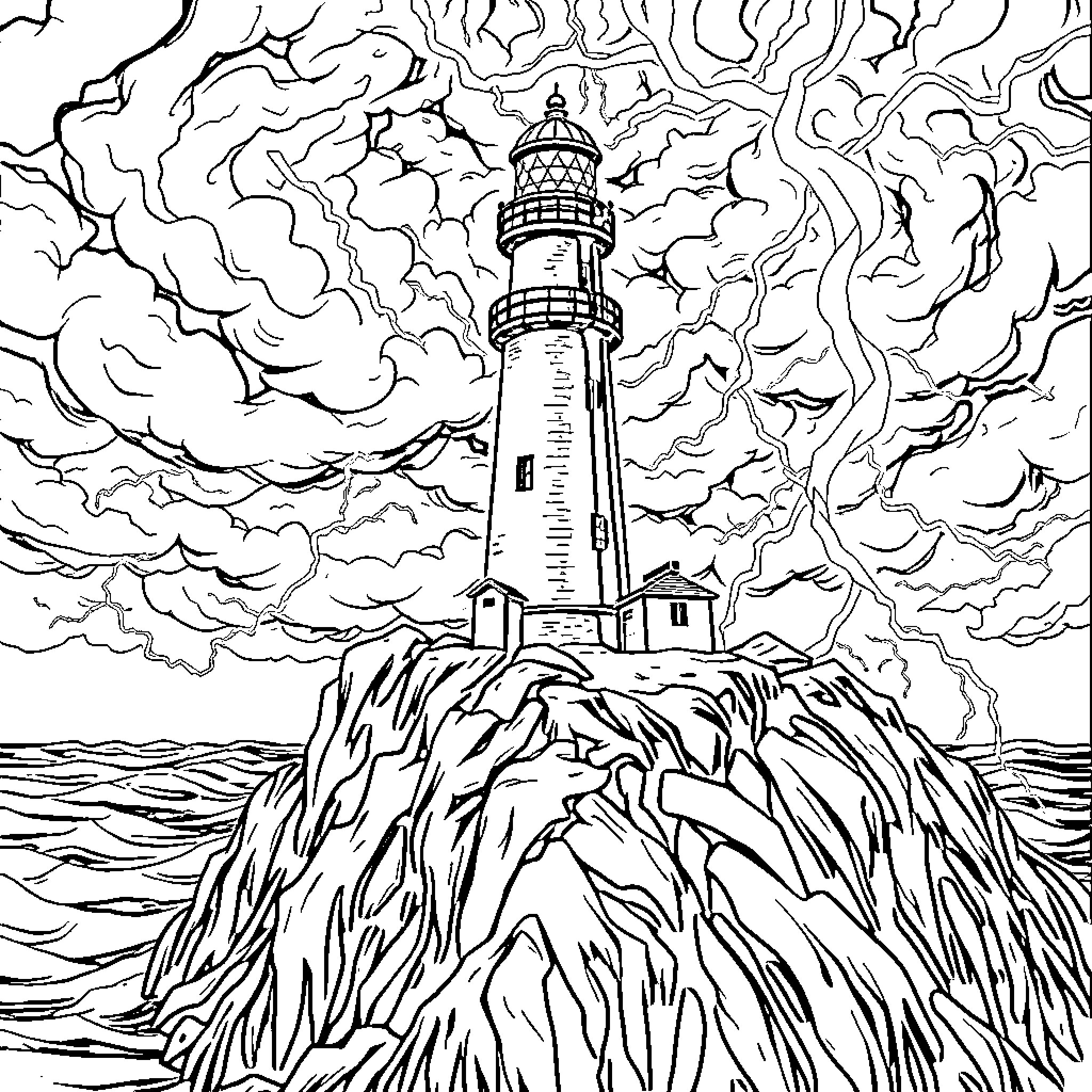 Lighthouse standing tall amidst stormy skies Coloring Page (free black-and-white line drawing printable PDF for all, from beginners to advanced learners, including children, teens, adults, and seniors)