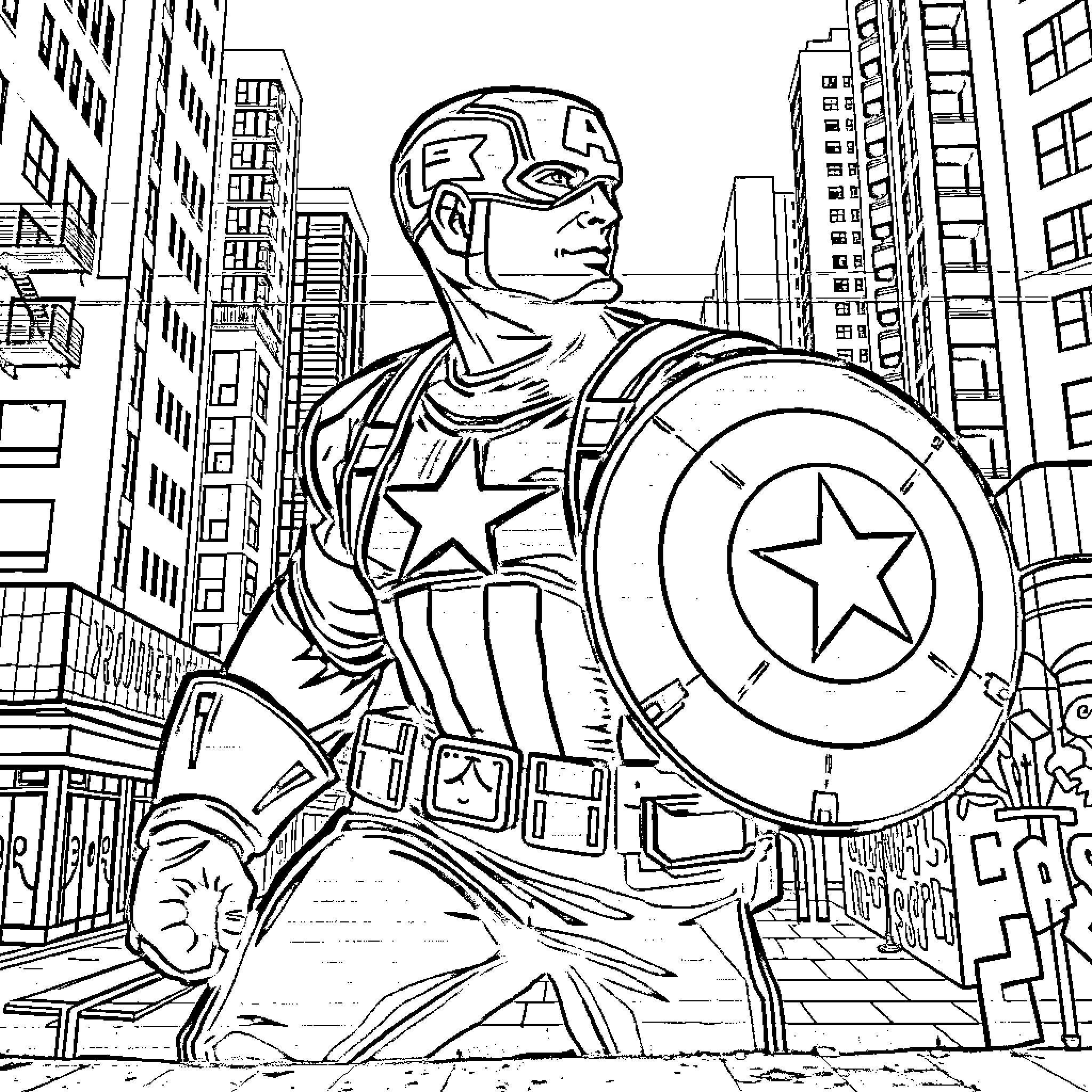 Captain America Defends the City in Action Pose Coloring Page (free black-and-white line drawing printable PDF for all, from beginners to advanced learners, including children, teens, adults, and seniors)