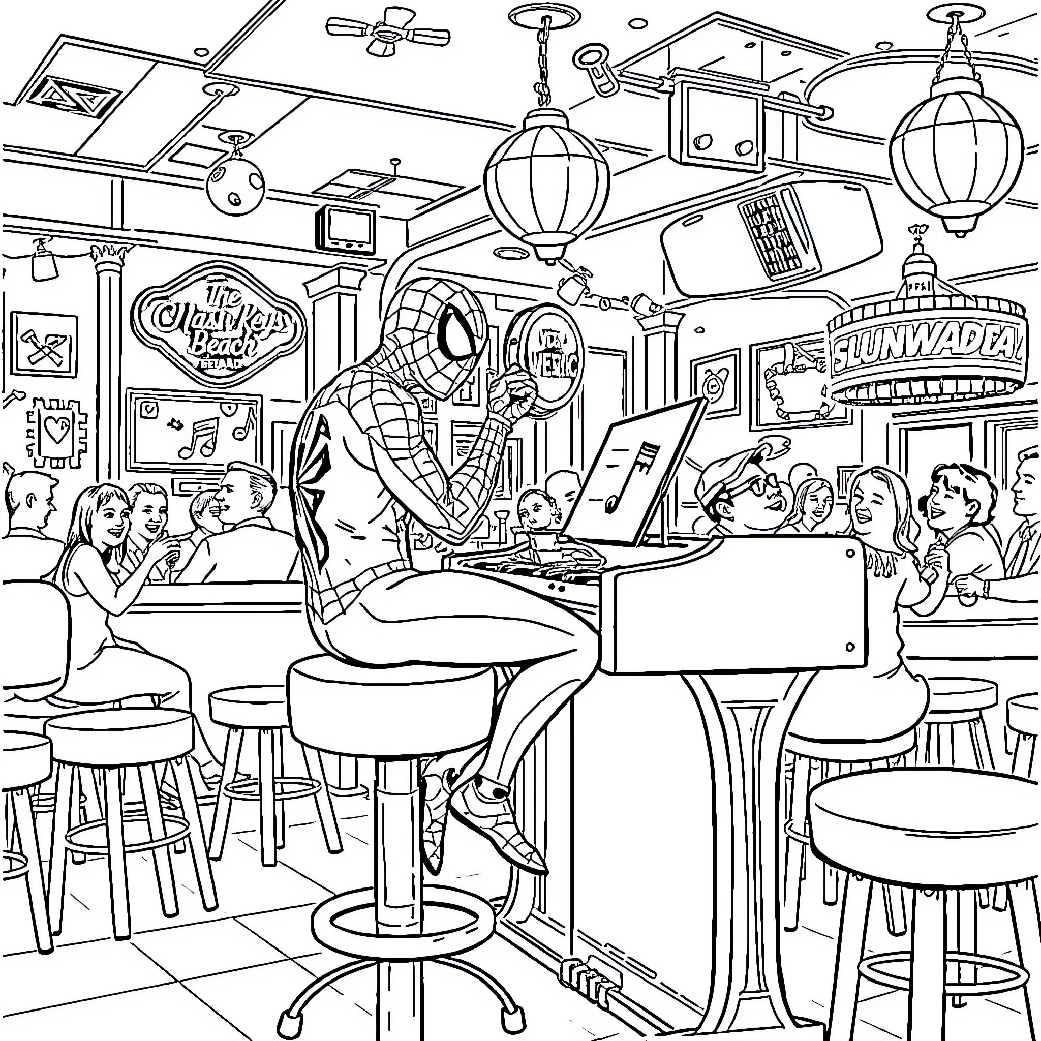 Spider-Man in a Lively Cafe Coloring Page (free black-and-white line drawing printable PDF for all, from beginners to advanced learners, including children, teens, adults, and seniors)