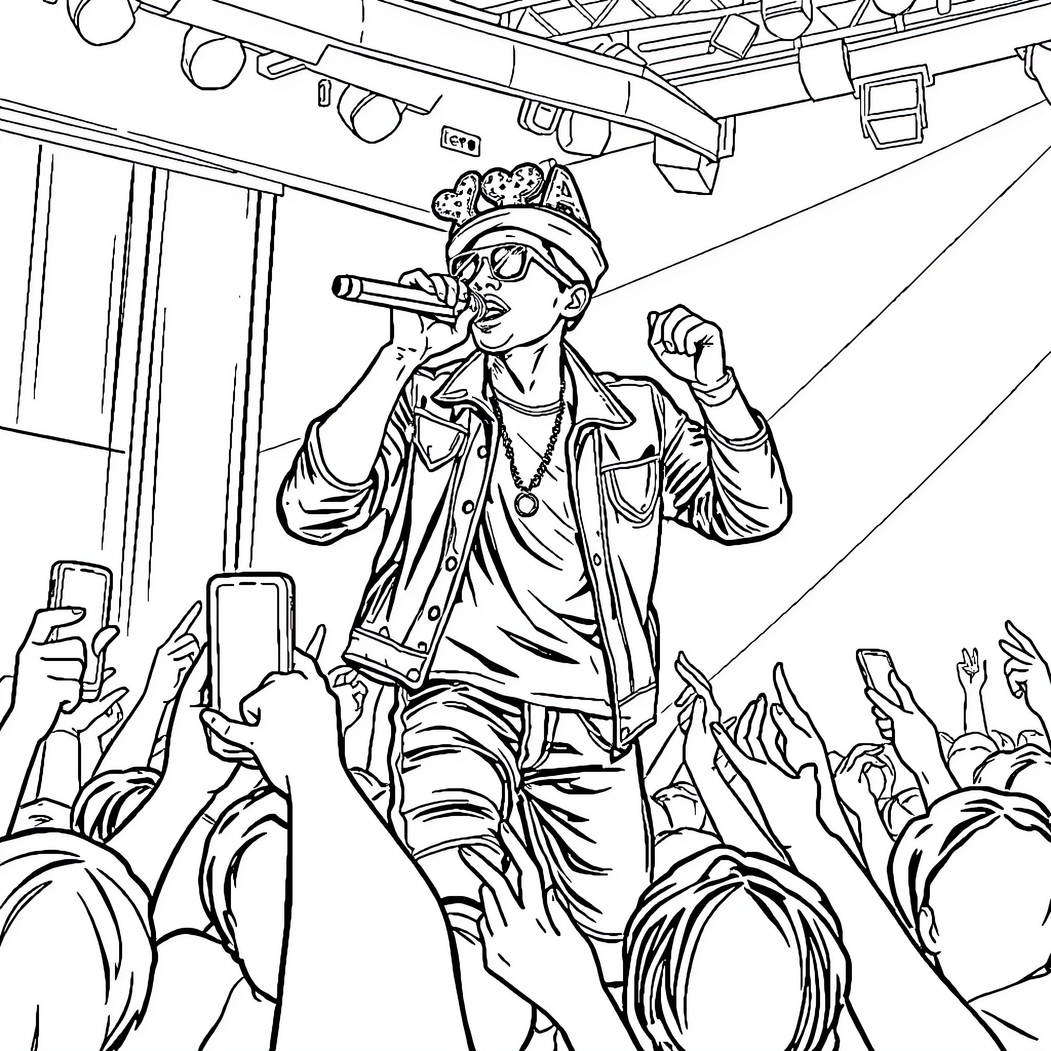 Yeat performing on stage with enthusiastic fans Coloring Page (free black-and-white line drawing printable PDF for all, from beginners to advanced learners, including children, teens, adults, and seniors)