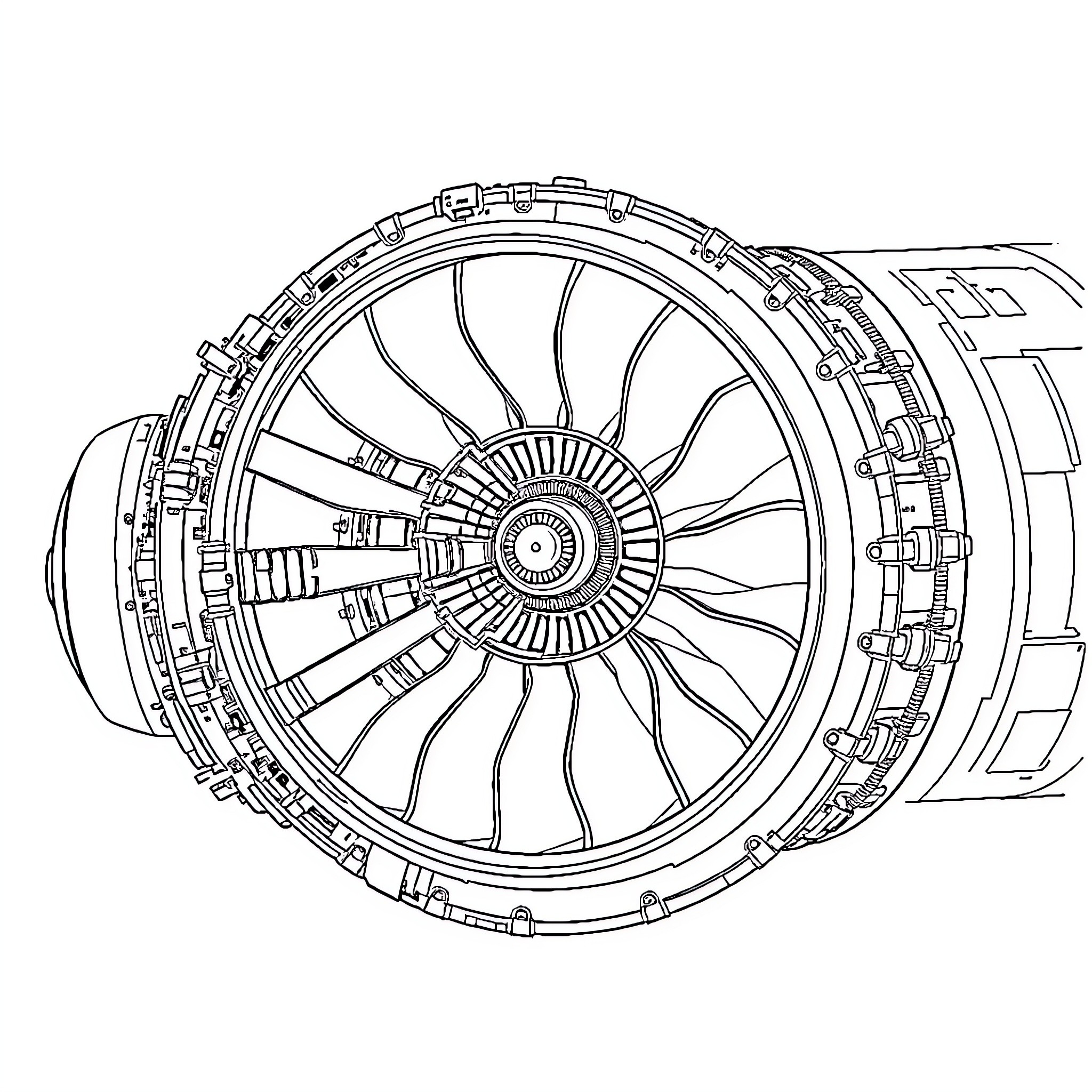 GE90 Aircraft Engine Cross-Section Diagram Coloring Page (free black-and-white line drawing printable PDF for all, from beginners to advanced learners, including children, teens, adults, and seniors)