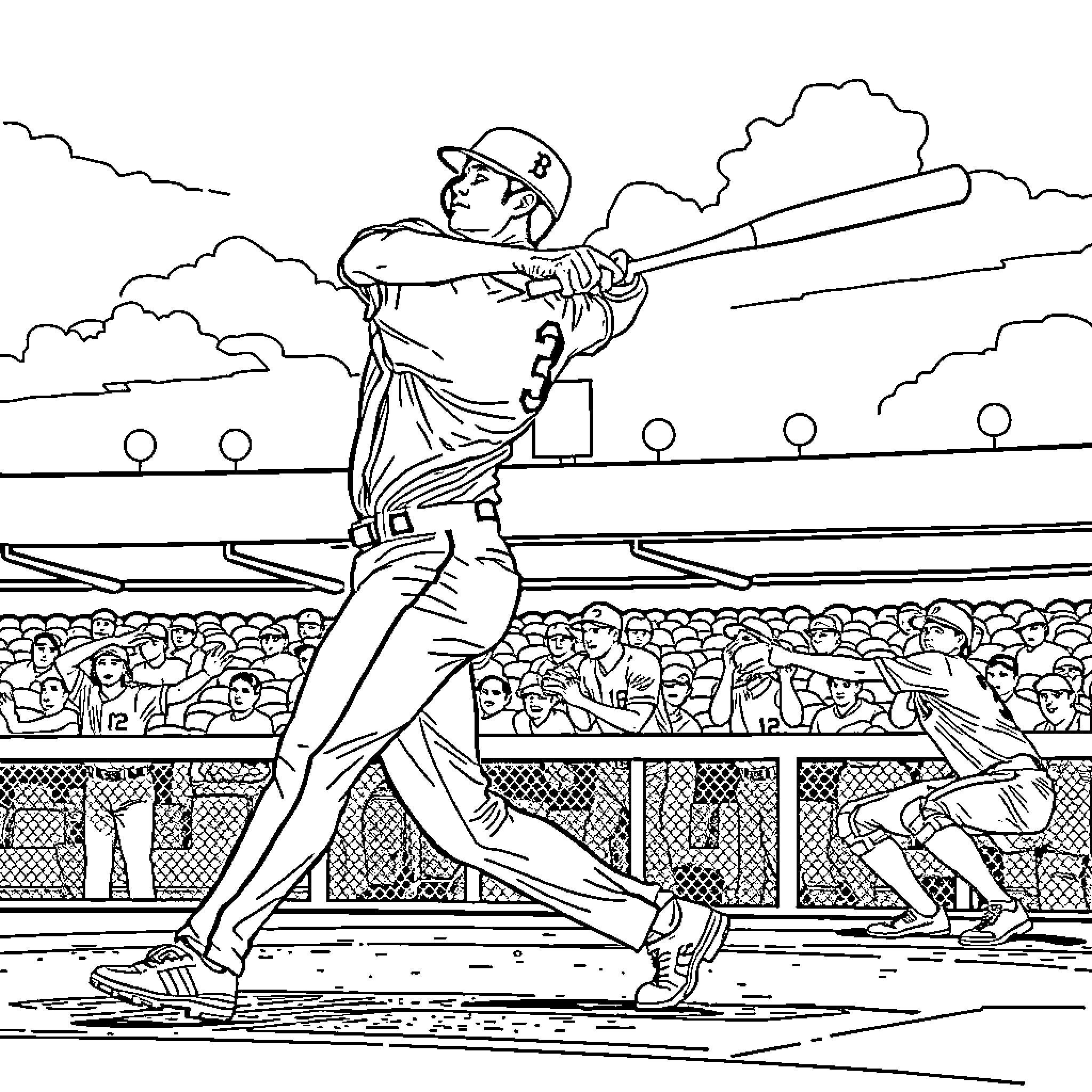 Shohei Ohtani hitting a baseball in a stadium Coloring Page (free black-and-white line drawing printable PDF for all, from beginners to advanced learners, including children, teens, adults, and seniors)