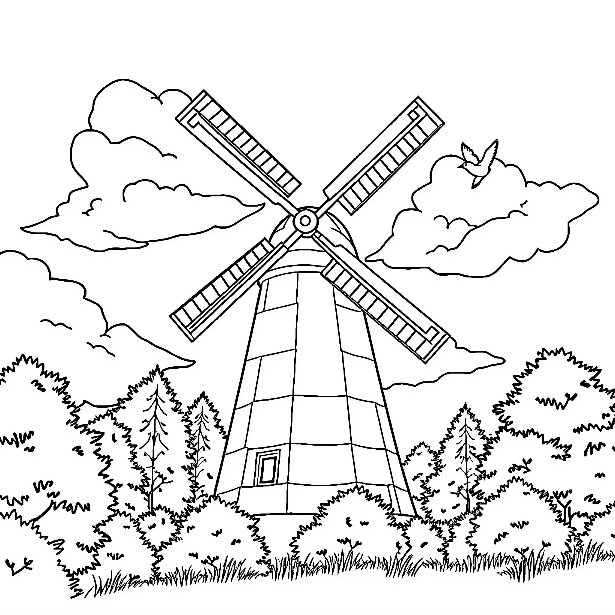 Windmill standing tall against the cloudy sky Coloring Page (free black-and-white line drawing printable PDF for all, from beginners to advanced learners, including children, teens, adults, and seniors)